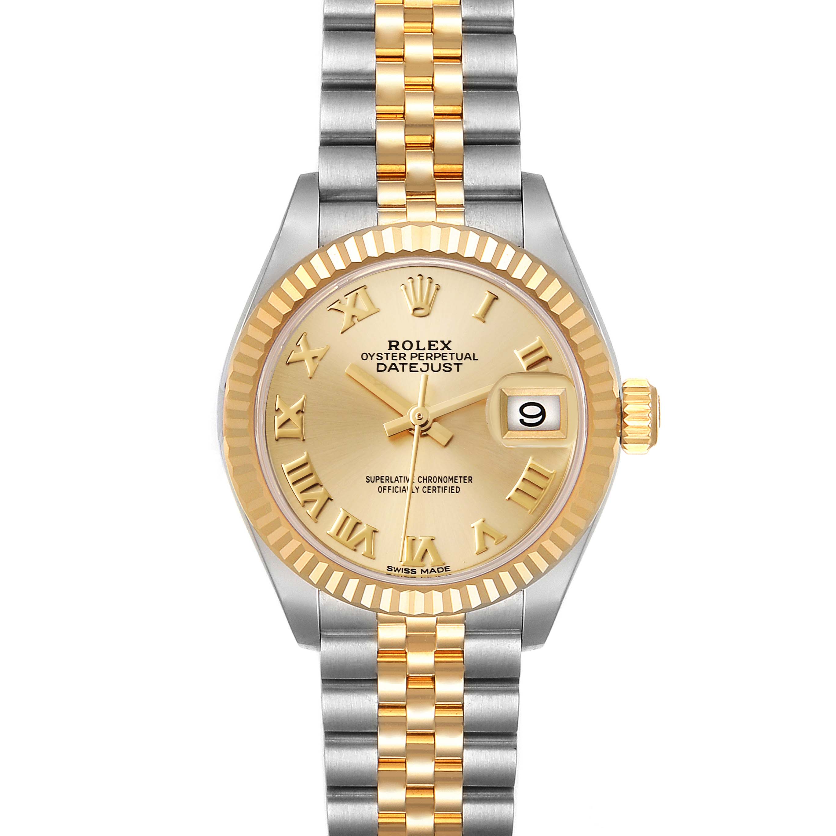 The Rolex Datejust 279173 Women's Steel and Gold (two tone) Champagne Dial 279173 Women's Steel and Gold (two tone) Champagne Dial watch is shown from a frontal angle, highlighting the dial, bezel, and bracelet.