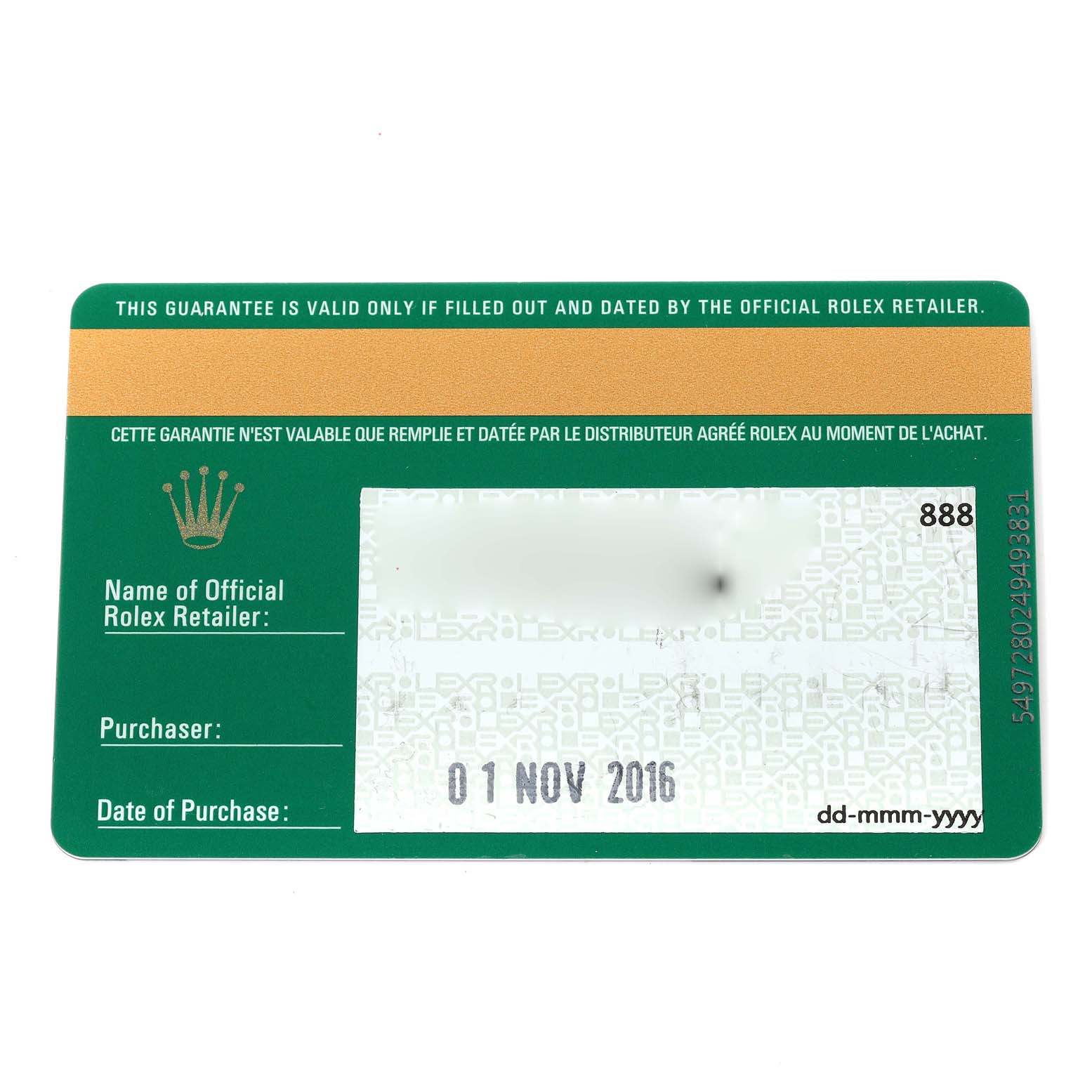 This image shows the warranty card for a Rolex Datejust 279173 Women's Steel and Gold (two tone) Champagne Dial 279173 Women's Steel and Gold (two tone) Champagne Dial watch, including retailer name, purchaser, and date of purchase details.