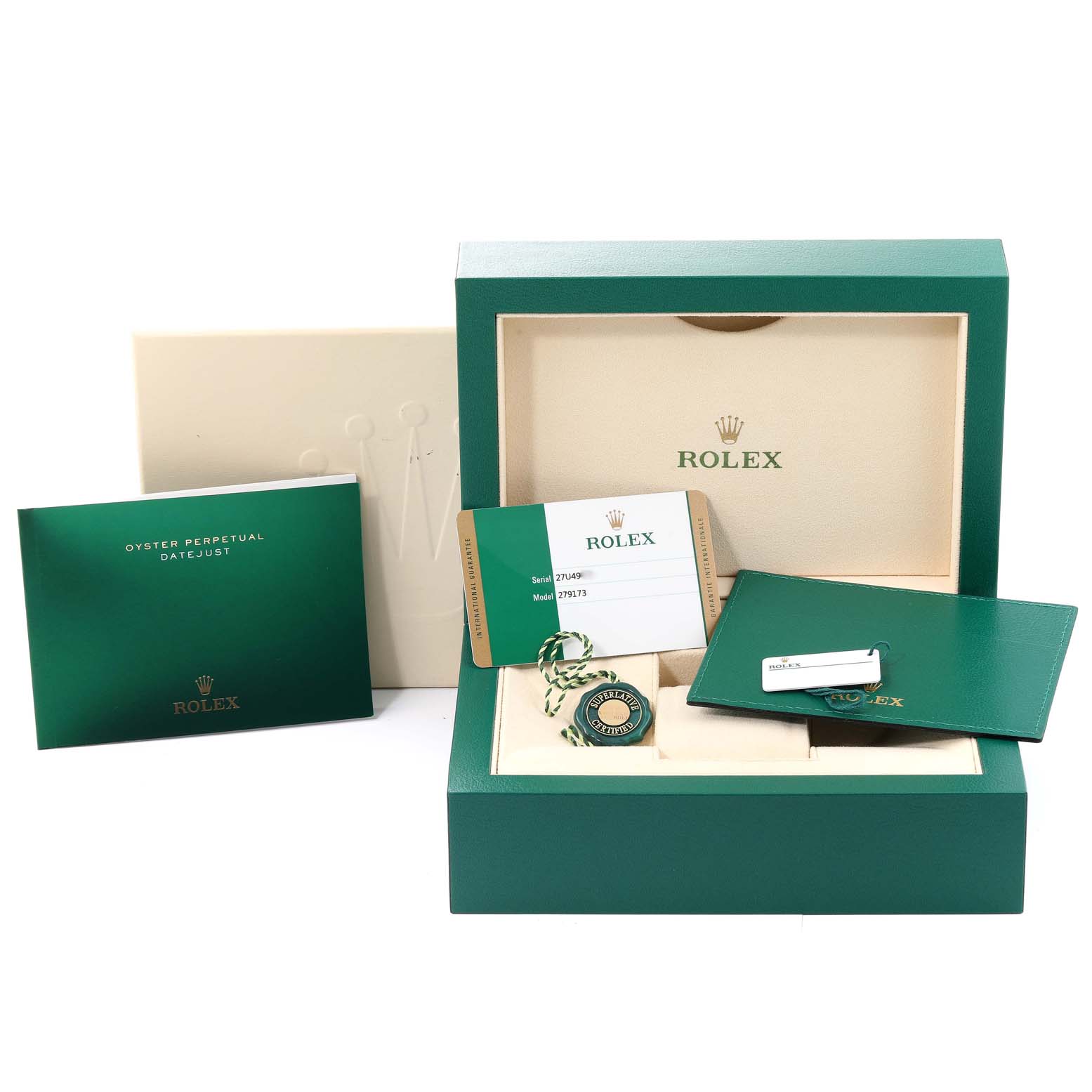 The image shows packaging, a warranty card, a booklet, and tags for a Rolex Datejust 279173 Women's Steel and Gold (two tone) Champagne Dial 279173 Women's Steel and Gold (two tone) Champagne Dial watch.