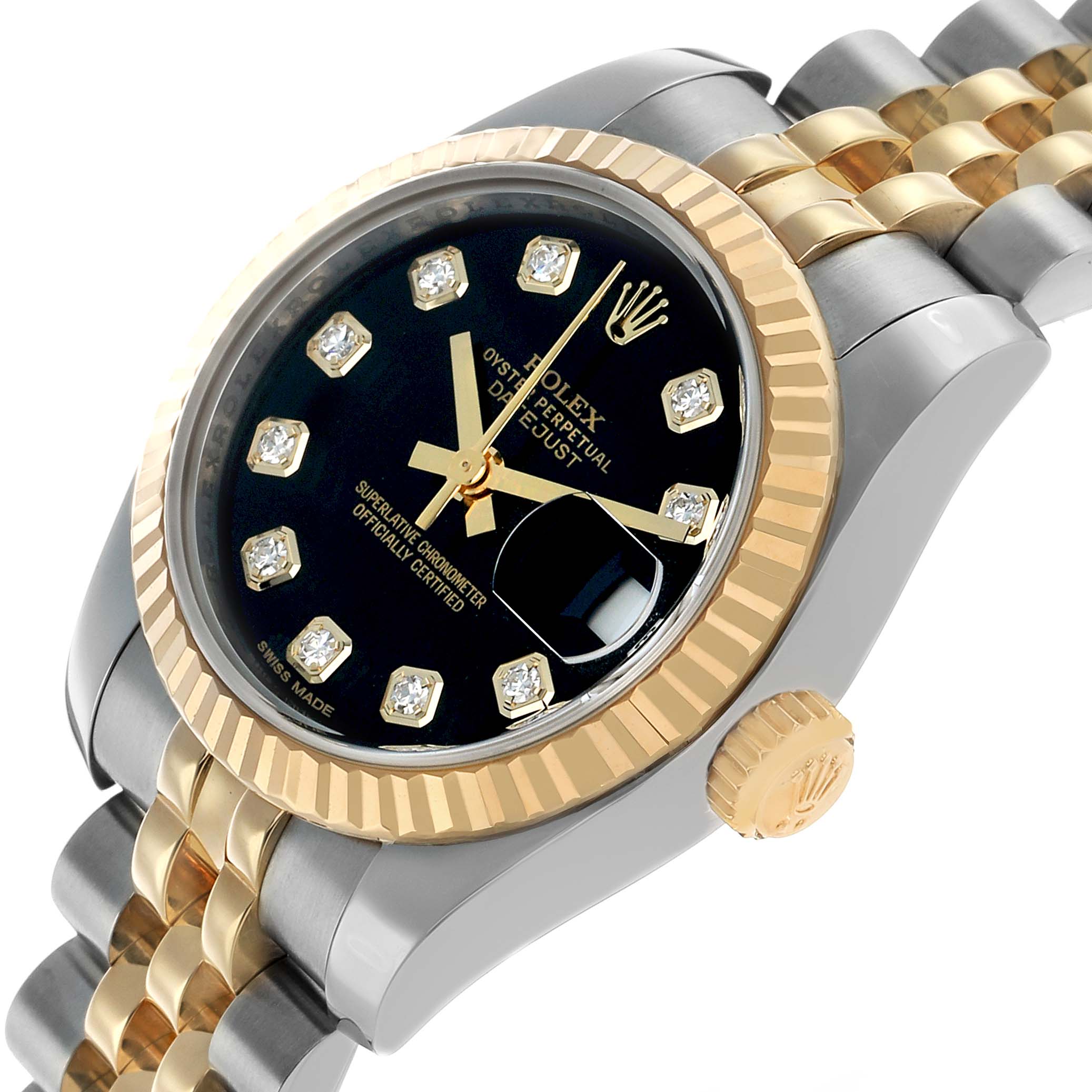The Rolex Datejust 179173 Women's Steel and Gold (two tone) Black Dial watch is shown at a slight angle, highlighting the black dial, gold bezel, diamond markers, and two-tone bracelet.