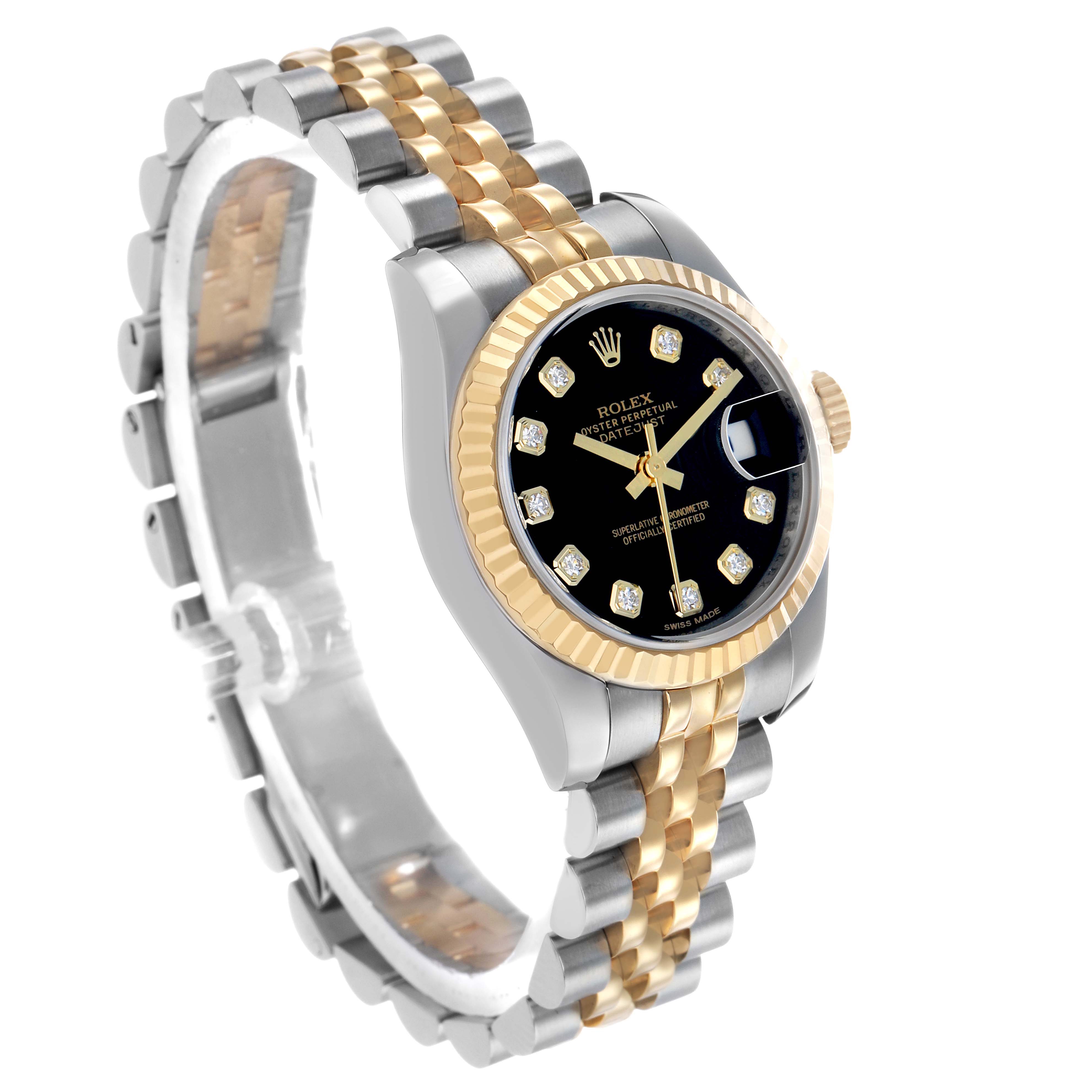 The Rolex Datejust 179173 Women's Steel and Gold (two tone) Black Dial watch is shown at a three-quarter angle, highlighting the dial, bezel, case, and Jubilee bracelet.