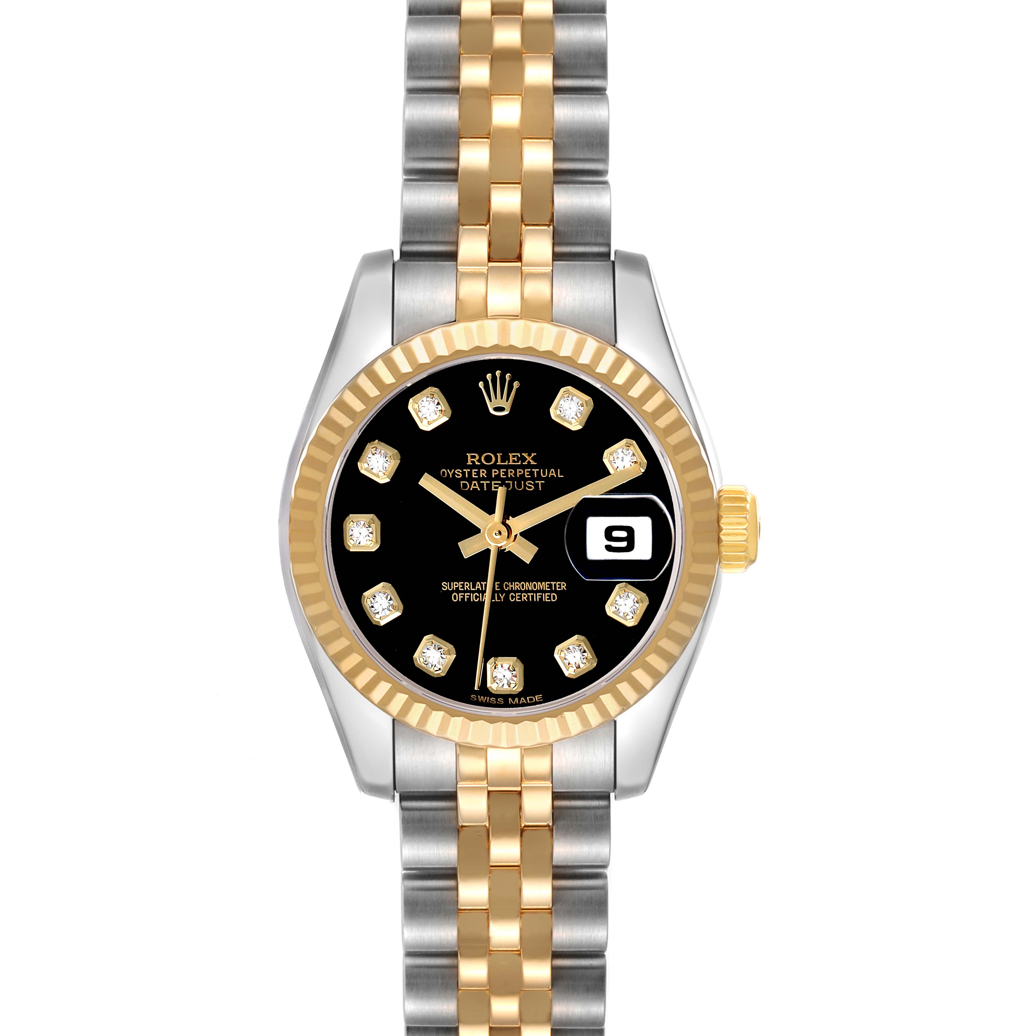 The Rolex Datejust 179173 Women's Steel and Gold (two tone) Black Dial watch is shown from a top-down angle, displaying the dial, bezel, bracelet, and crown.