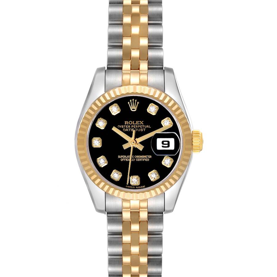 The Rolex Datejust 179173 Women's Steel and Gold (two tone) Black Dial watch is shown from a top-down angle, displaying the dial, bezel, bracelet, and crown.