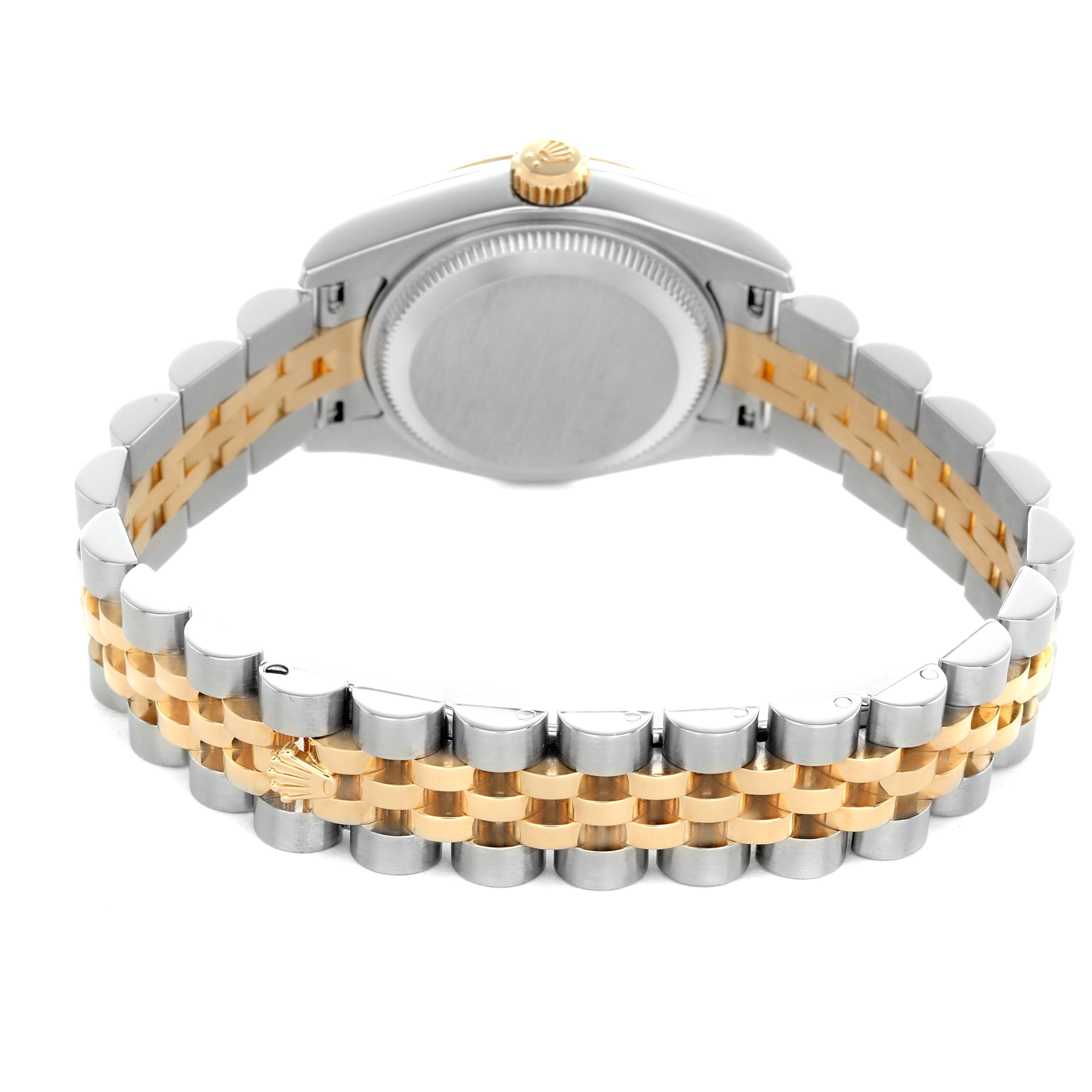 The image shows the back view of a Rolex Datejust 179173 Women's Steel and Gold (two tone) Black Dial watch, highlighting the case back and Jubilee bracelet in two-tone metal.