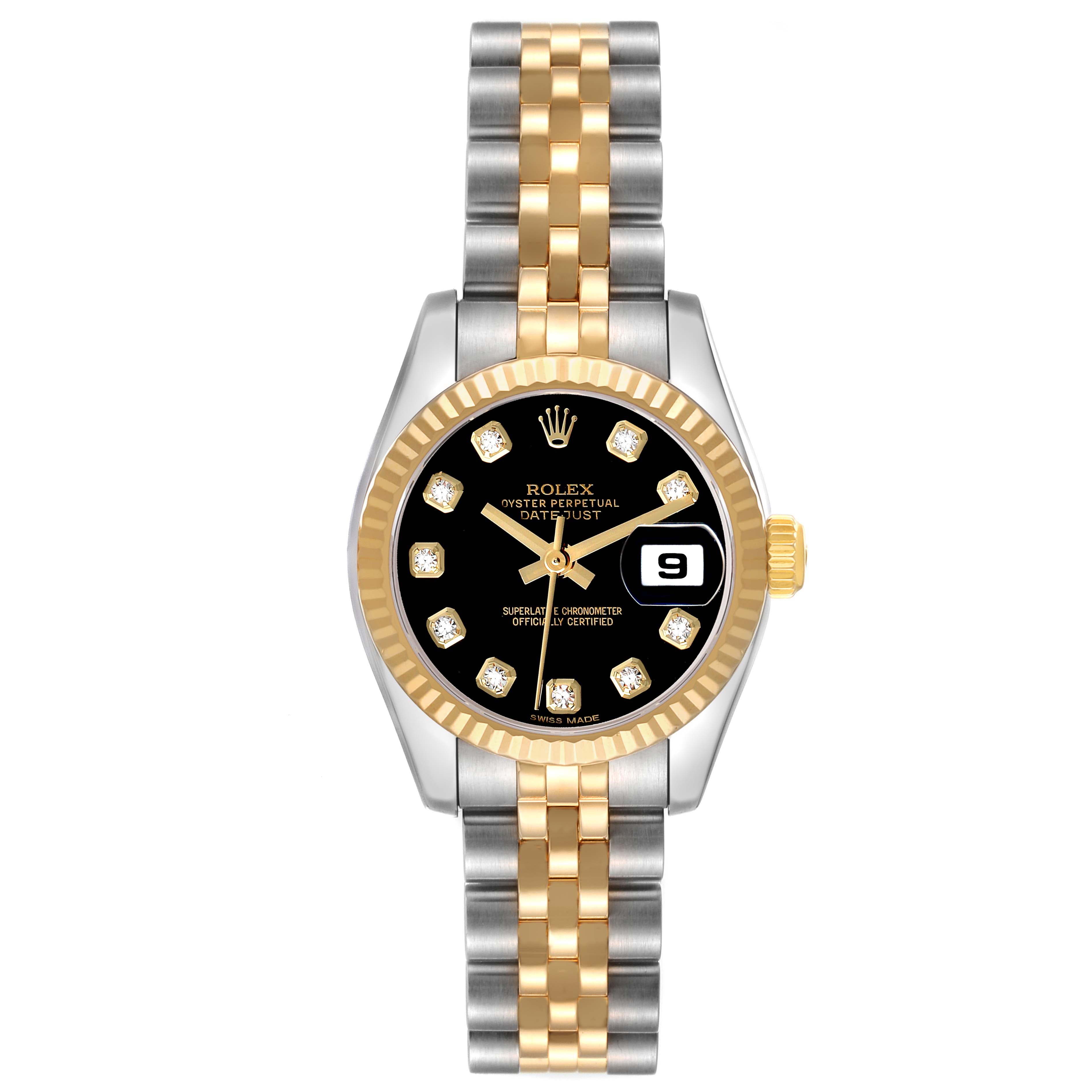 The Rolex Datejust 179173 Women's Steel and Gold (two tone) Black Dial watch is shown from the front, displaying its bezel, dial, hands, markers, and two-tone bracelet.