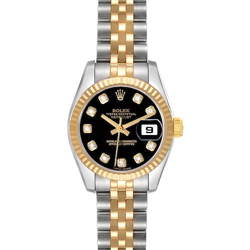 The Rolex Datejust 179173 Women's Steel and Gold (two tone) Black Dial watch is shown from a top-down angle, displaying the face, bezel, and bracelet.