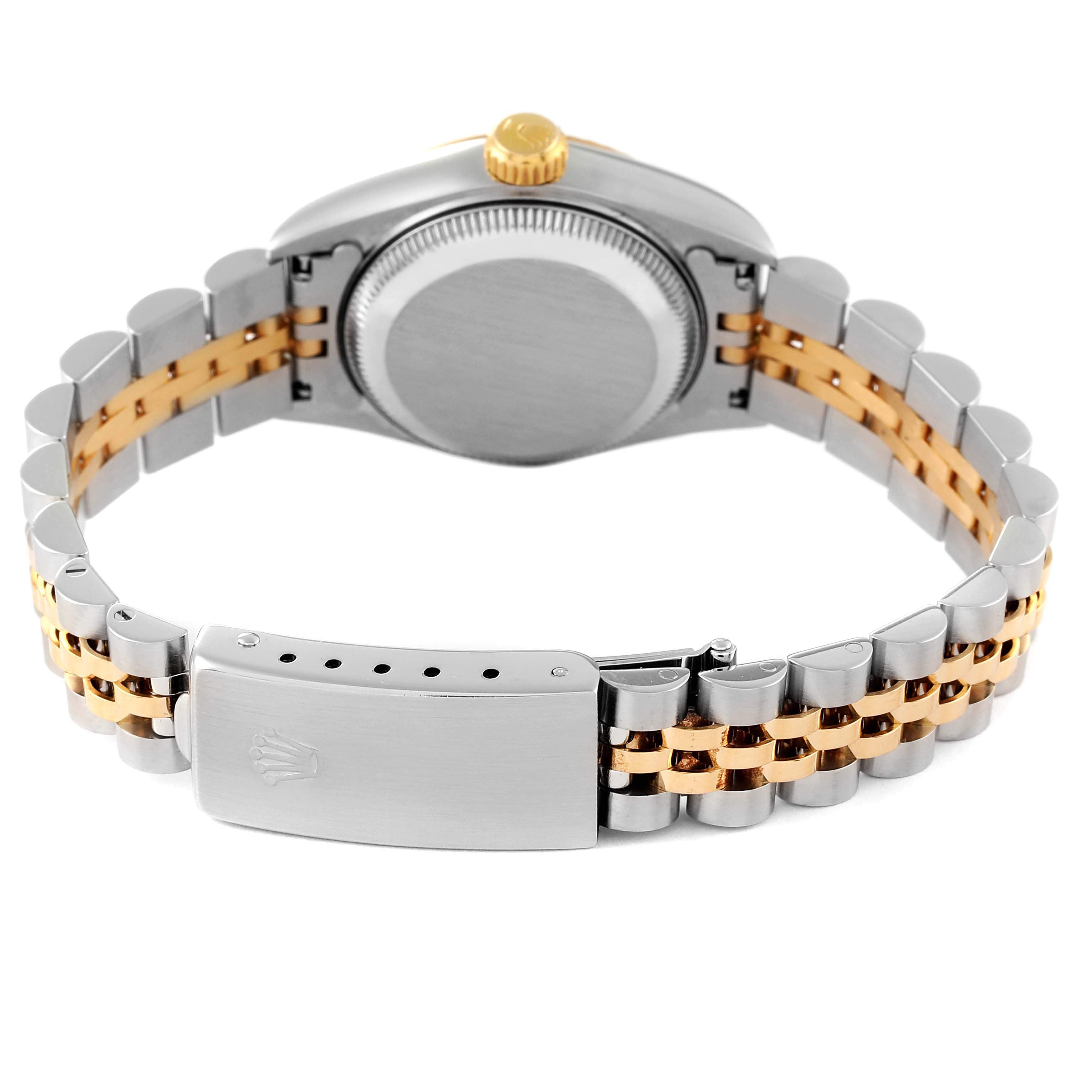 This image shows the back view of a Rolex Datejust 69173 Women's Steel and Gold (two tone) Champagne Dial 69173 Women's Steel and Gold (two tone) Champagne Dial watch, highlighting its two-tone bracelet and clasp.