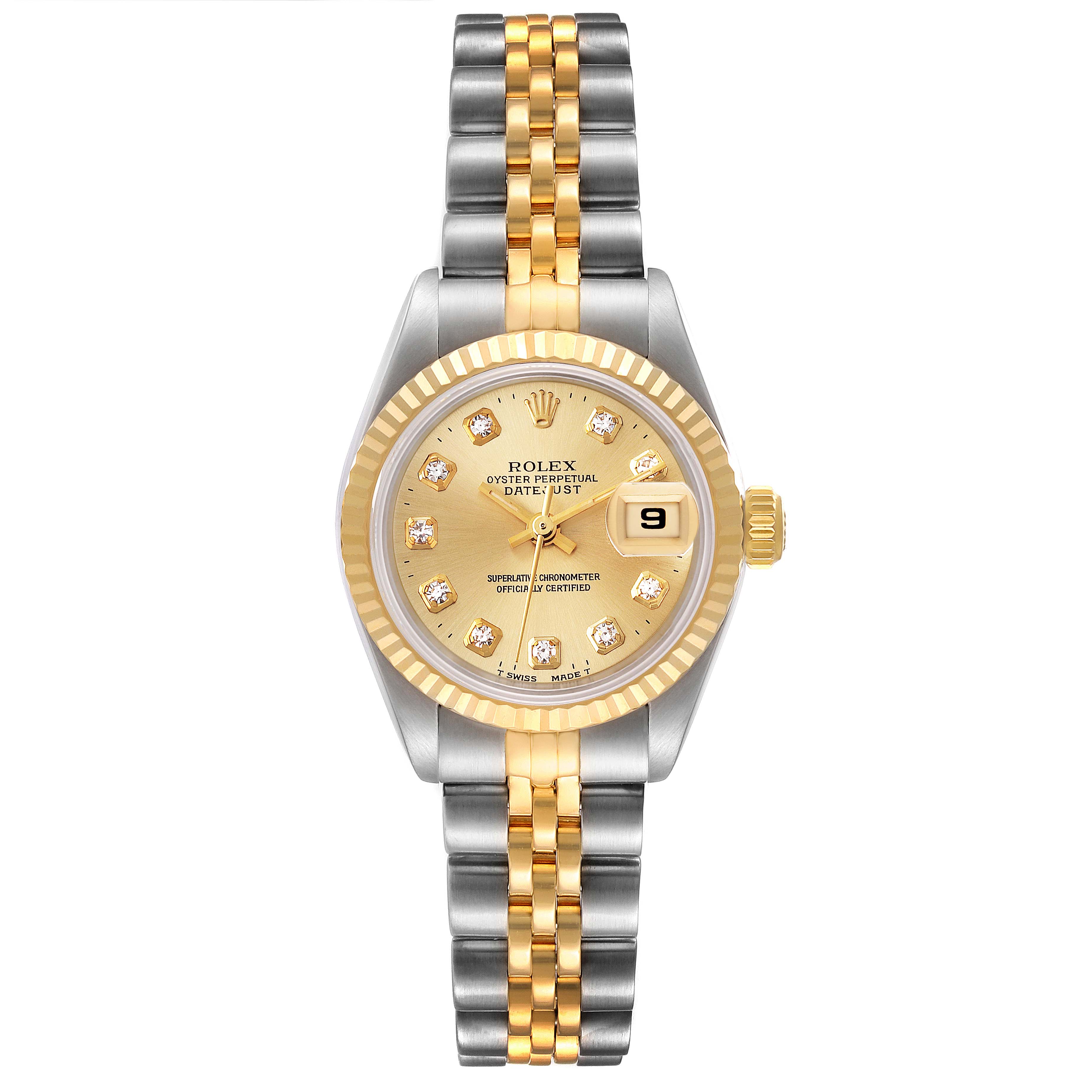 This image shows a frontal view of a Rolex Datejust 69173 Women's Steel and Gold (two tone) Champagne Dial 69173 Women's Steel and Gold (two tone) Champagne Dial watch, displaying its dial, bracelet, and date window.