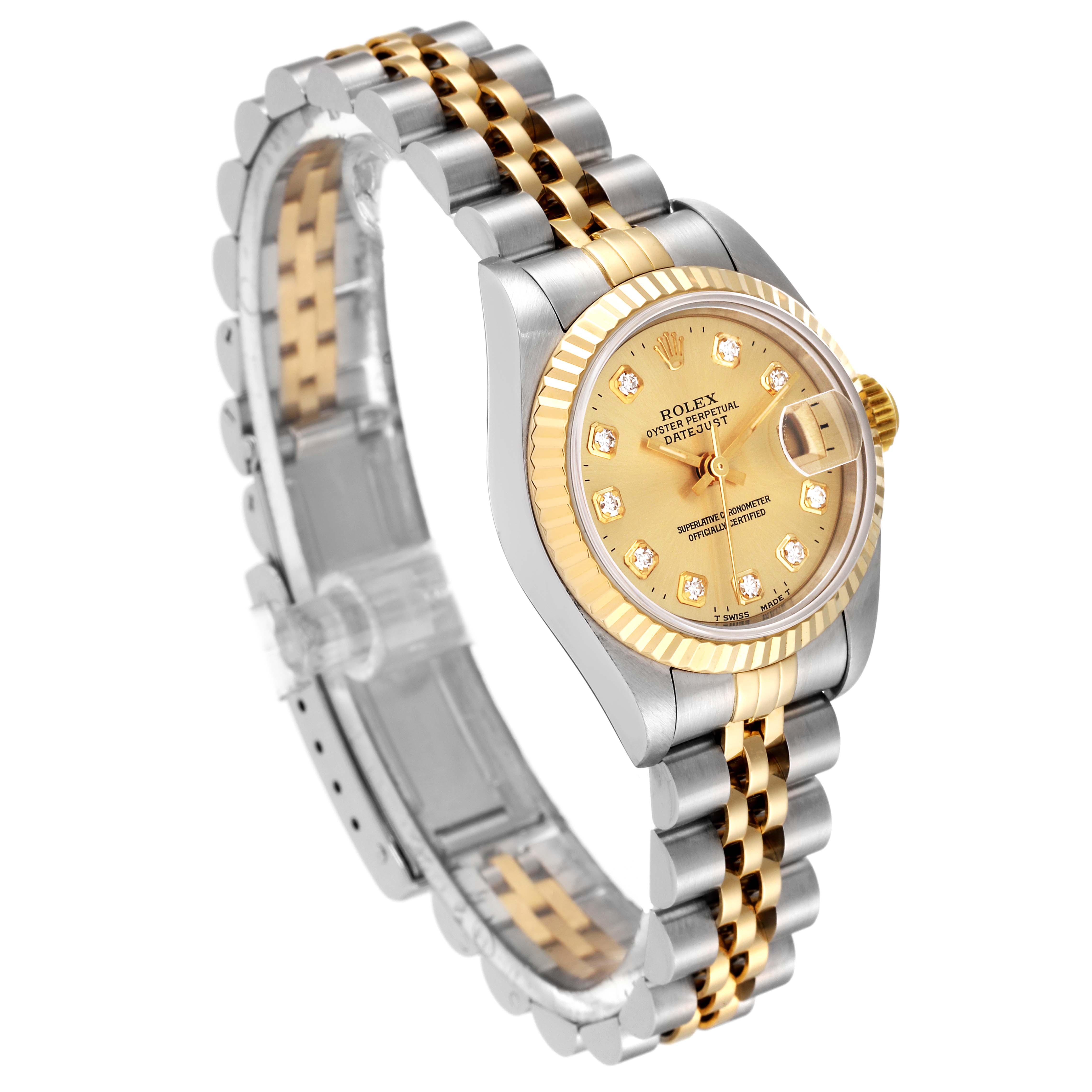 This image shows a Rolex Datejust 69173 Women's Steel and Gold (two tone) Champagne Dial 69173 Women's Steel and Gold (two tone) Champagne Dial watch at an angle highlighting its face, bezel, and two-tone bracelet.