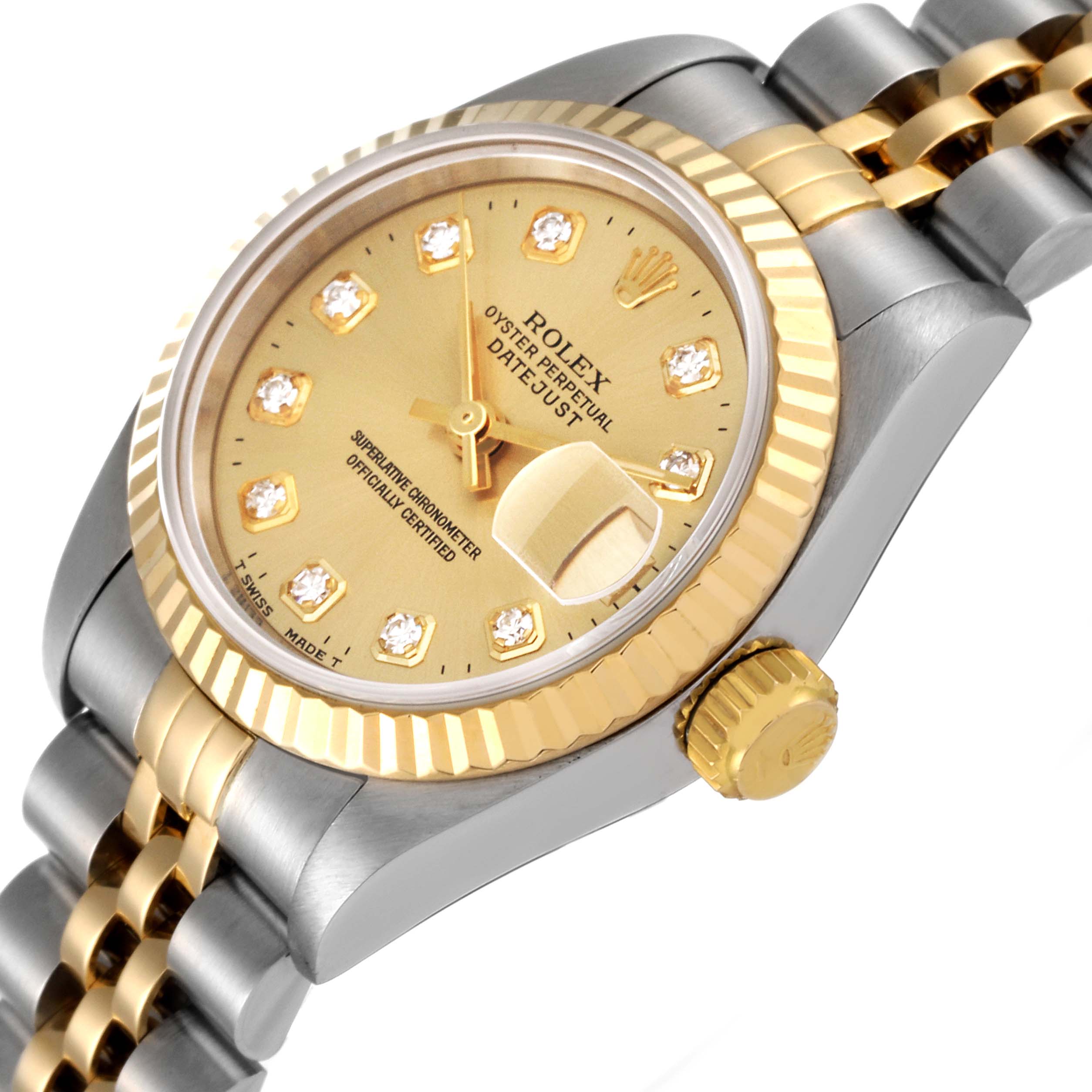 The image shows a Rolex Datejust 69173 Women's Steel and Gold (two tone) Champagne Dial 69173 Women's Steel and Gold (two tone) Champagne Dial watch from an angled close-up, highlighting its face, bezel, and part of the bracelet.