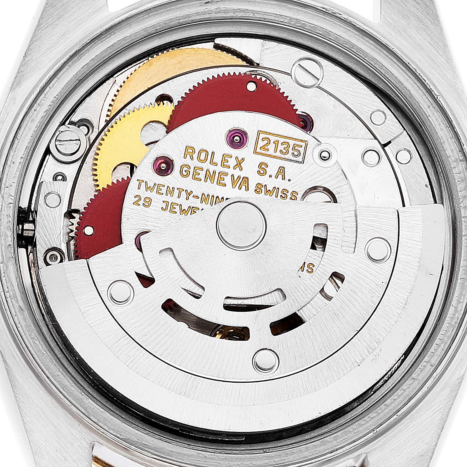 The image shows the movement and internal components of a Rolex Datejust 69173 Women's Steel and Gold (two tone) Champagne Dial 69173 Women's Steel and Gold (two tone) Champagne Dial watch from a rear view angle.