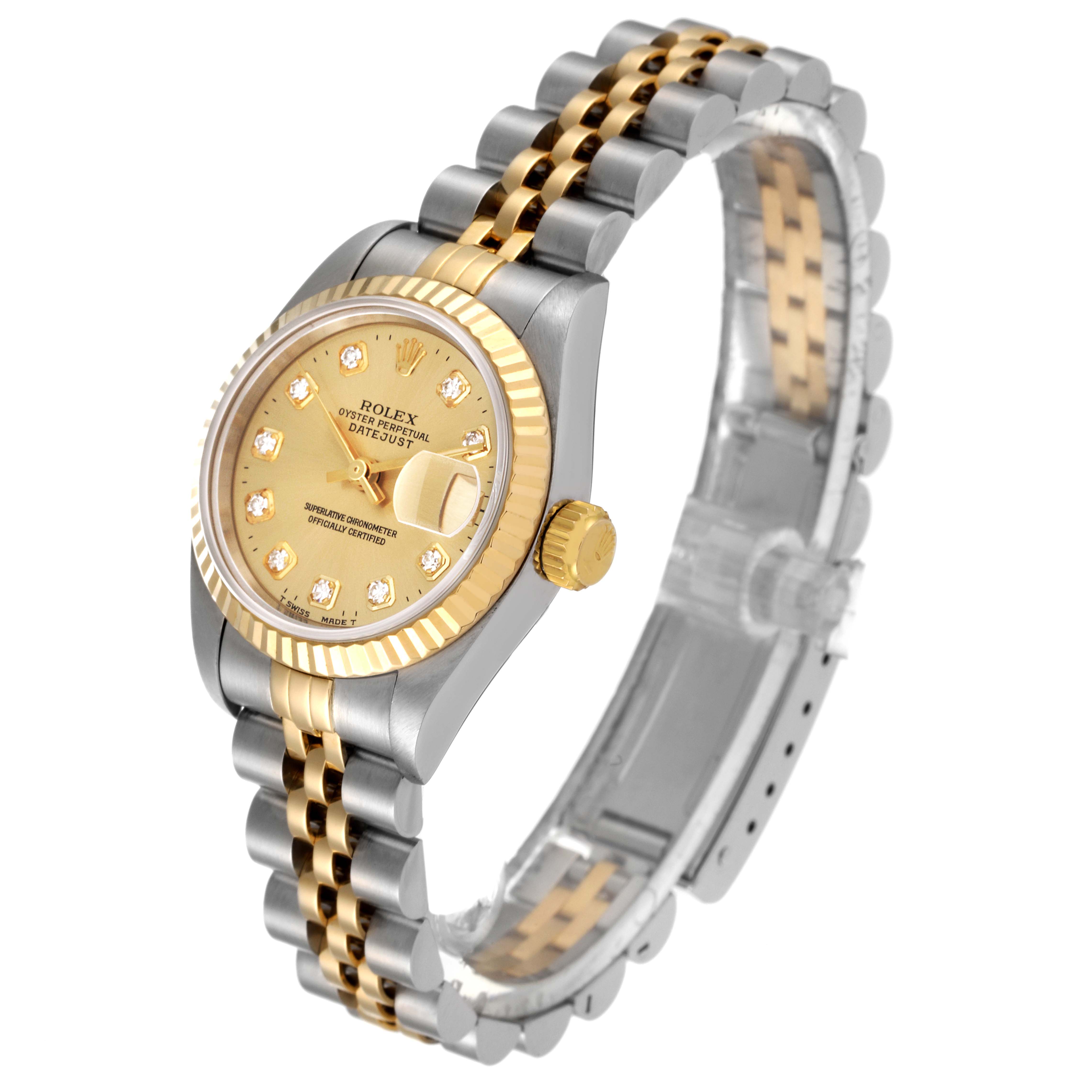 This is a side view of a Rolex Datejust 69173 Women's Steel and Gold (two tone) Champagne Dial 69173 Women's Steel and Gold (two tone) Champagne Dial watch, showcasing the two-tone bracelet and fluted bezel.
