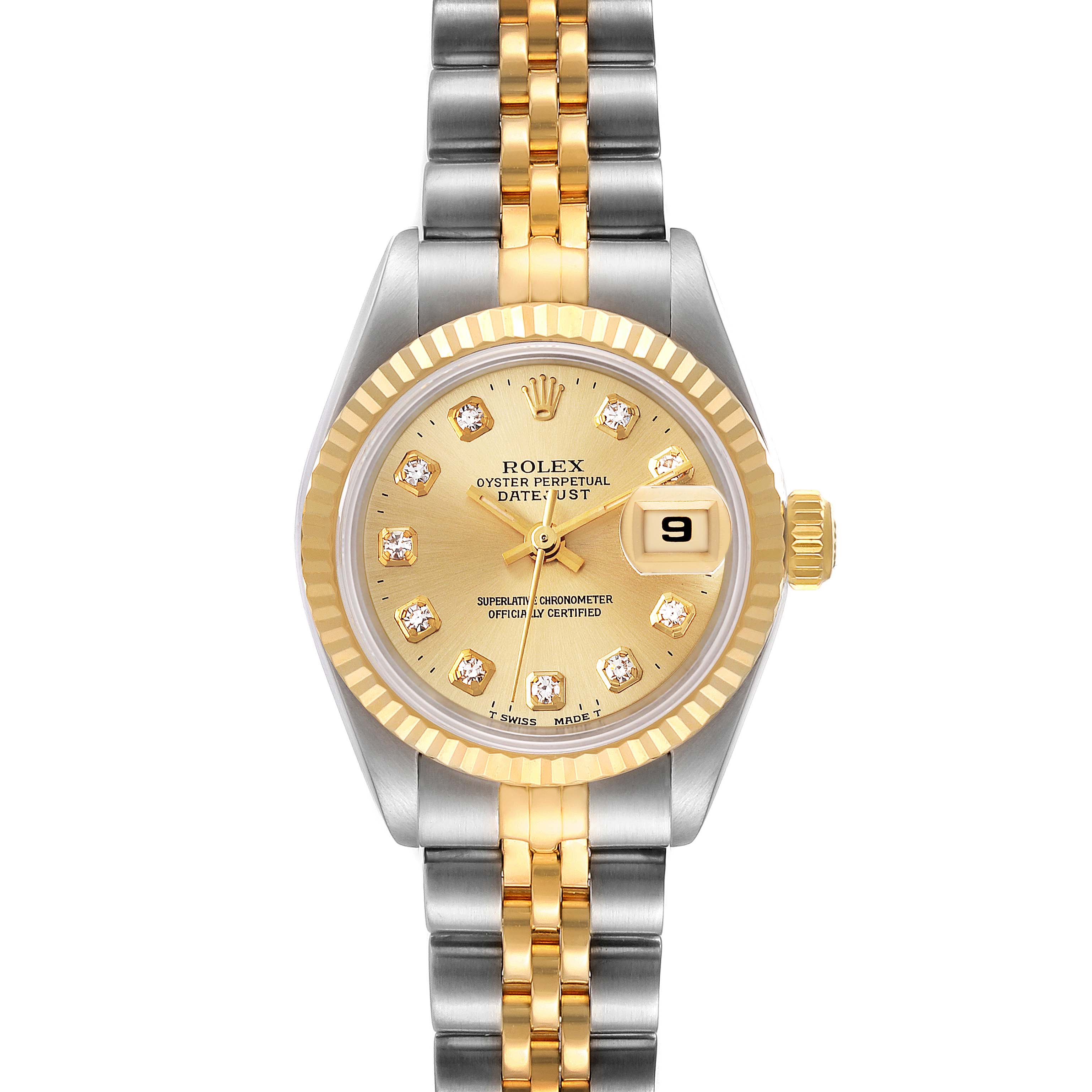 This image shows a front view of the Rolex Datejust 69173 Women's Steel and Gold (two tone) Champagne Dial 69173 Women's Steel and Gold (two tone) Champagne Dial watch, featuring the dial, hands, date window, bezel, and bracelet.