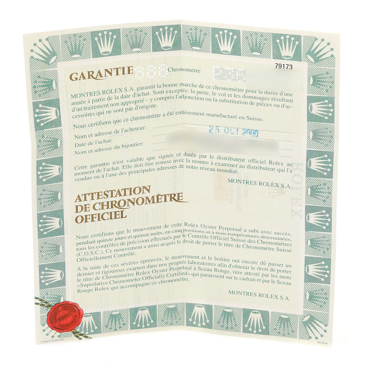 This is a warranty certificate for a Rolex Datejust 79173 Women's Steel and Gold (two tone) Champagne Dial 79173 Women's Steel and Gold (two tone) Champagne Dial watch, viewed from the front.