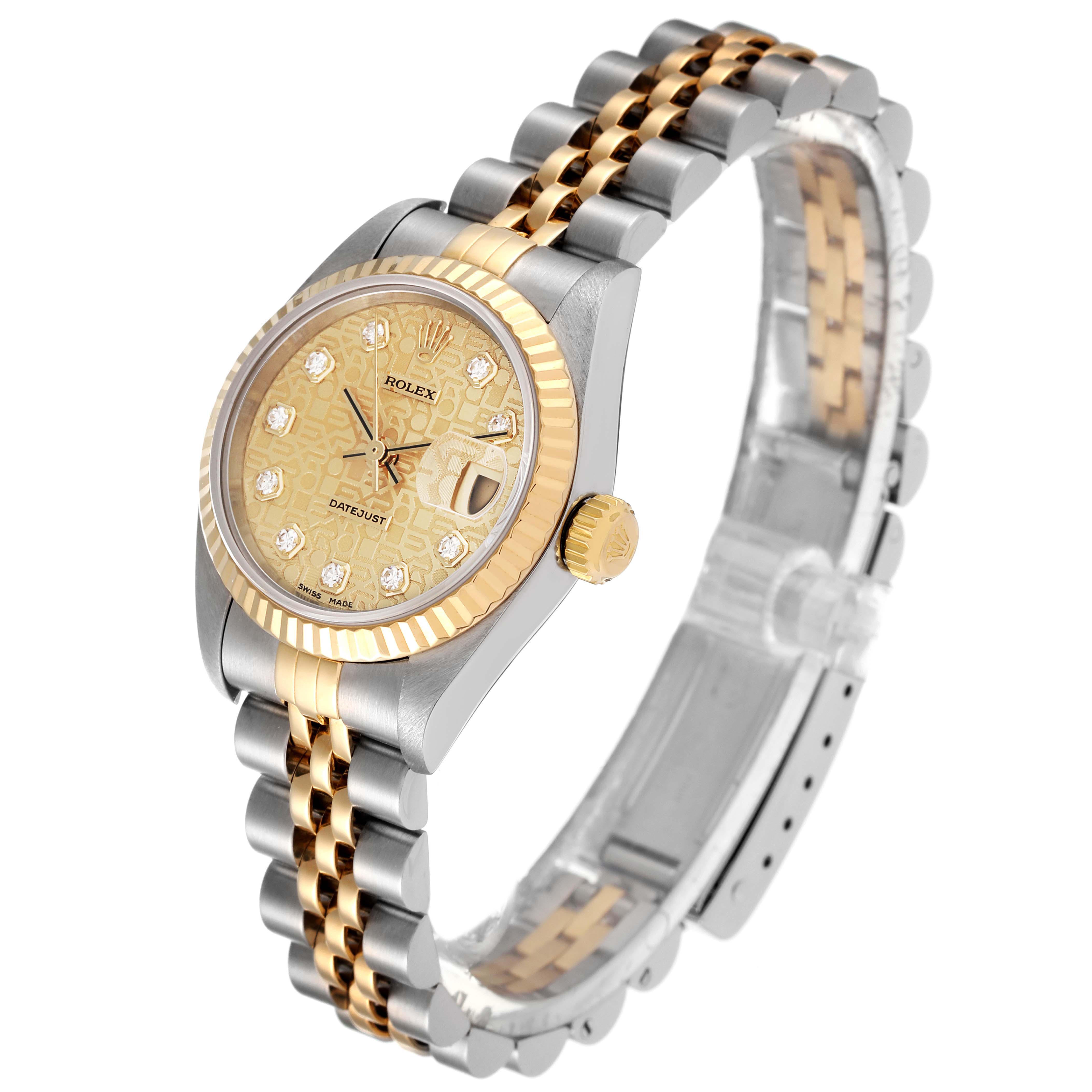 This image shows a Rolex Datejust 79173 Women's Steel and Gold (two tone) Champagne Dial 79173 Women's Steel and Gold (two tone) Champagne Dial watch at a three-quarter view, highlighting its dial, bezel, and two-tone bracelet.