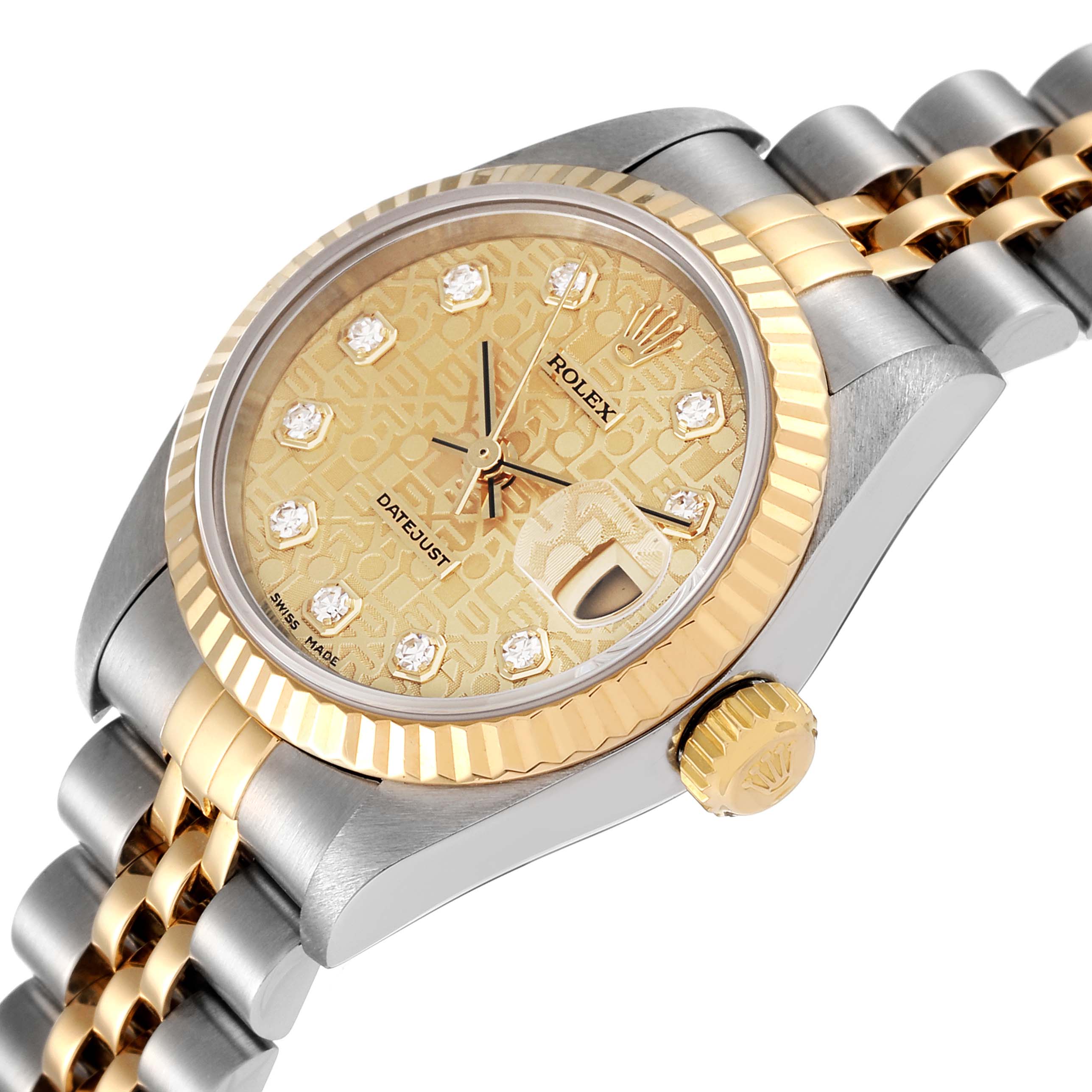 This image shows a close-up angle of the Rolex Datejust 79173 Women's Steel and Gold (two tone) Champagne Dial 79173 Women's Steel and Gold (two tone) Champagne Dial watch, featuring the dial, bezel, crown, and part of the bracelet.