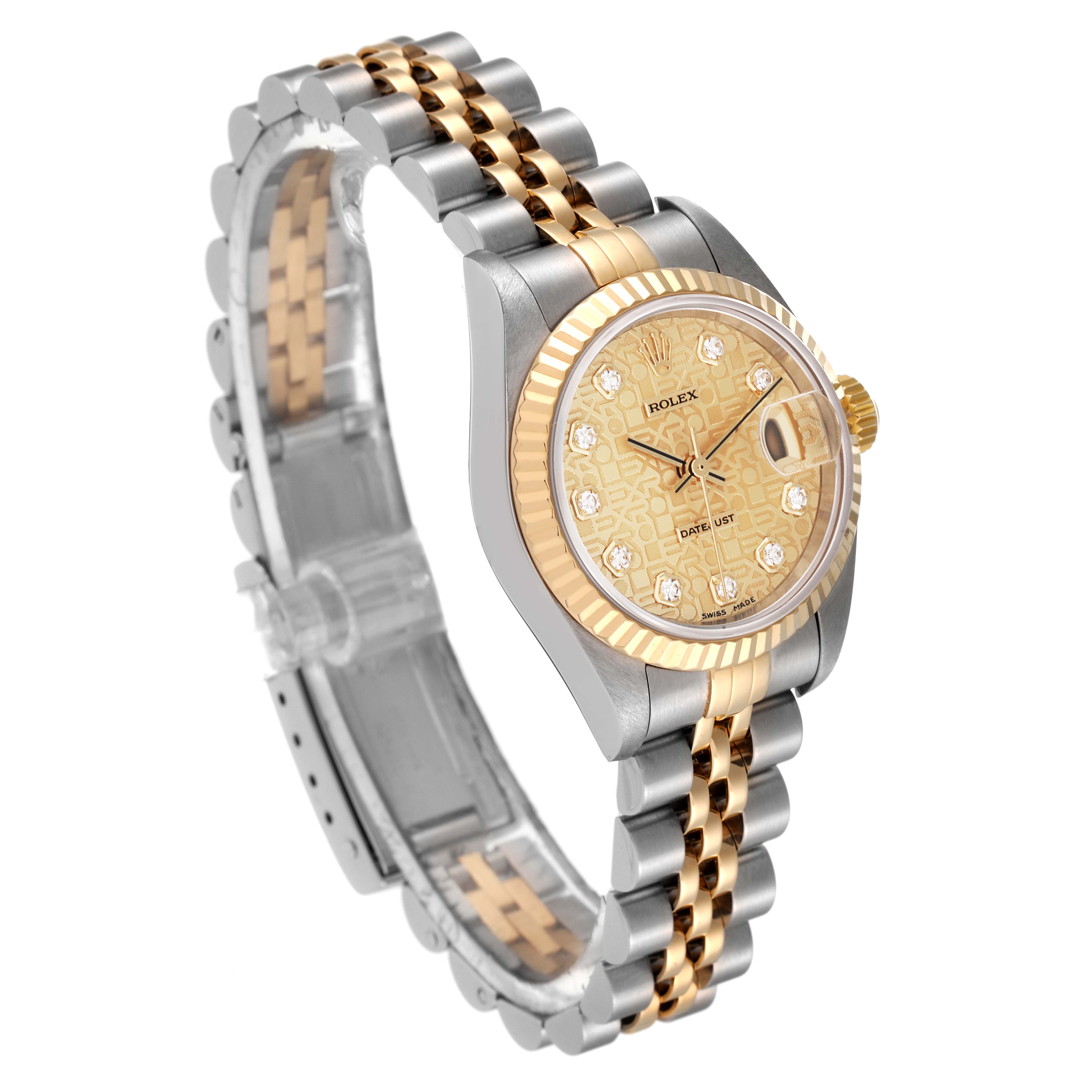 The image shows a side angle of a Rolex Datejust 79173 Women's Steel and Gold (two tone) Champagne Dial 79173 Women's Steel and Gold (two tone) Champagne Dial watch, highlighting its bezel, bracelet, dial, and crown.