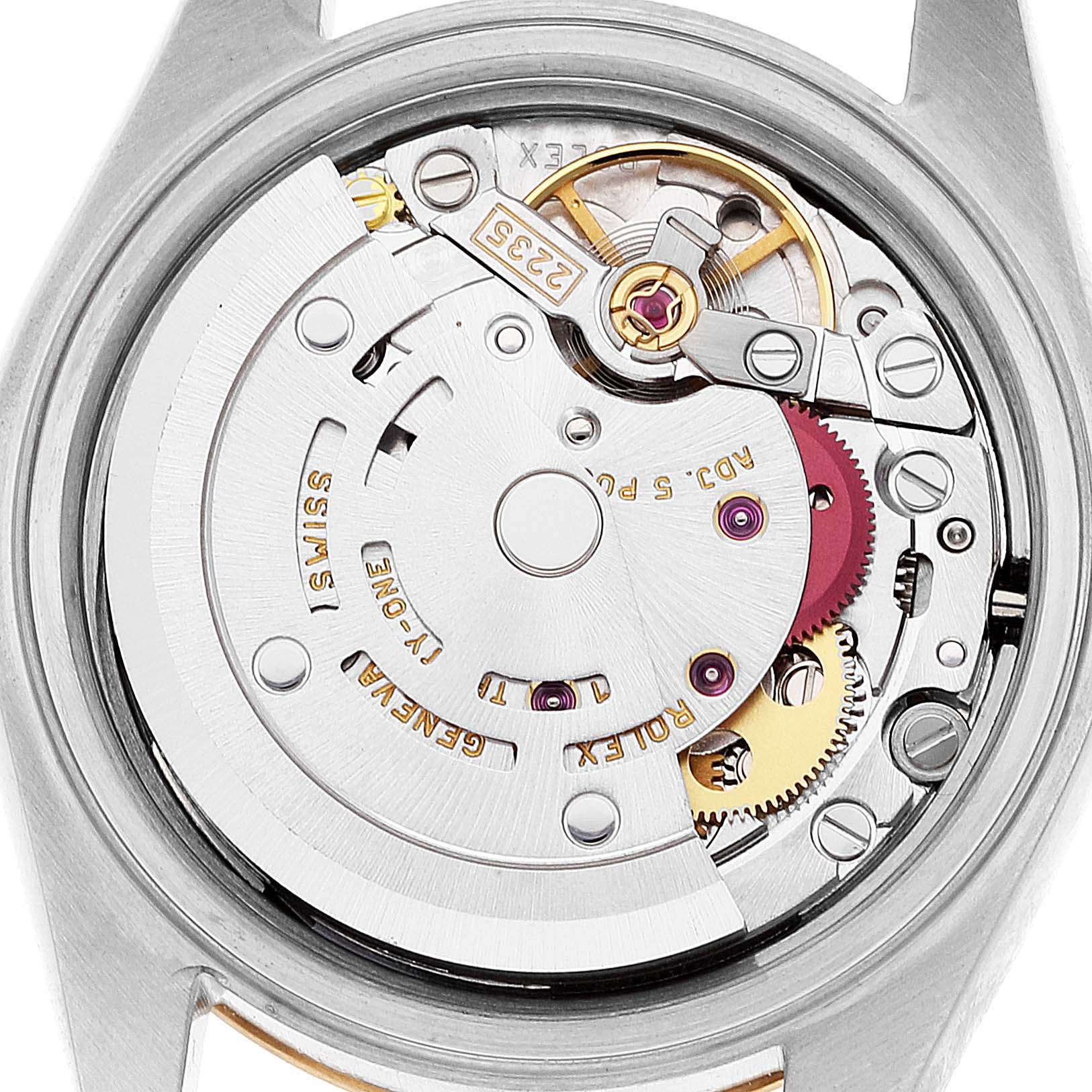 This image shows the internal movement and mechanism of a Rolex Datejust 79173 Women's Steel and Gold (two tone) Champagne Dial 79173 Women's Steel and Gold (two tone) Champagne Dial watch from a back angle.