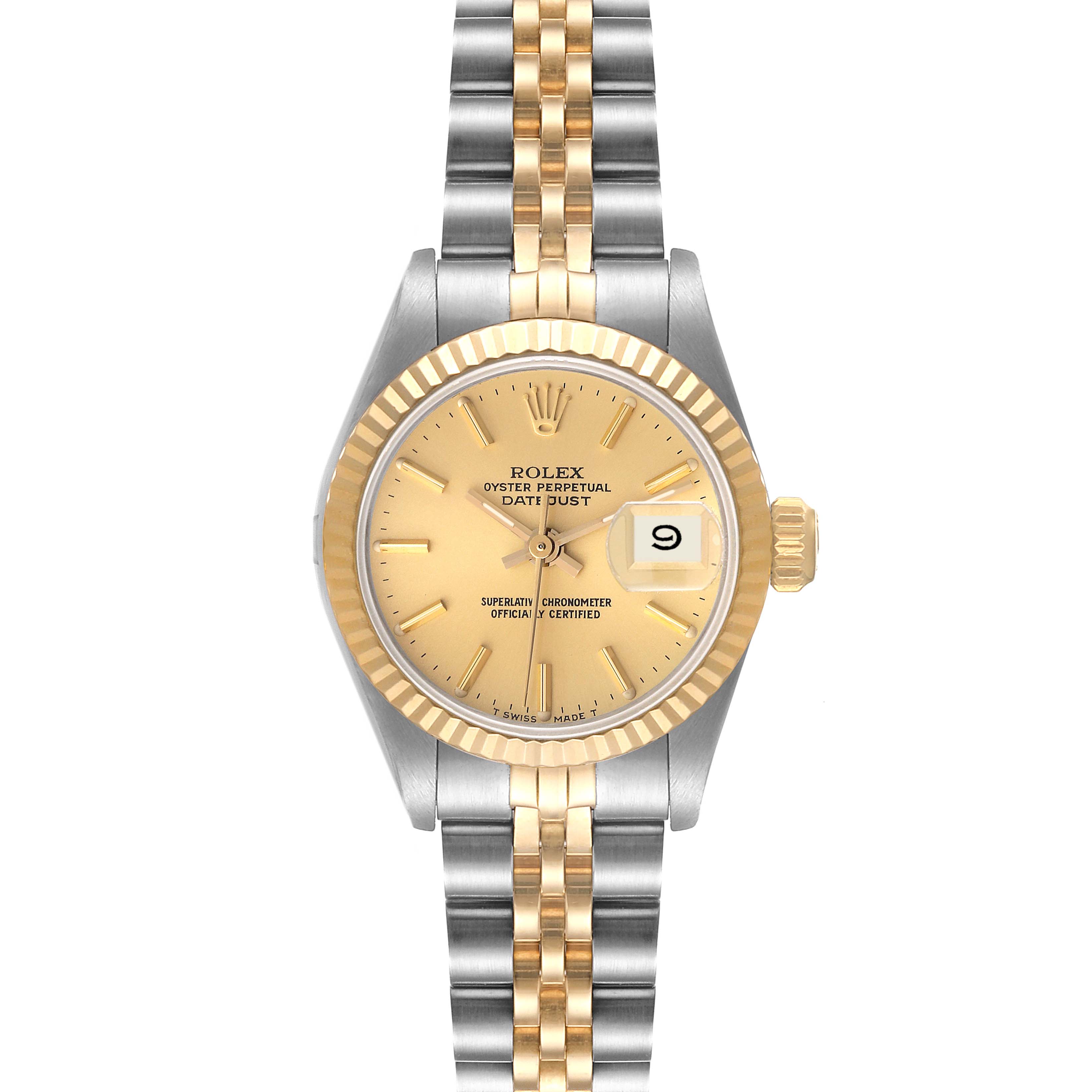 This image shows the Rolex Datejust 69173 Women's Steel and Gold (two tone) Champagne Dial 69173 Women's Steel and Gold (two tone) Champagne Dial watch from a top-down angle, highlighting the face, bezel, and bracelet.