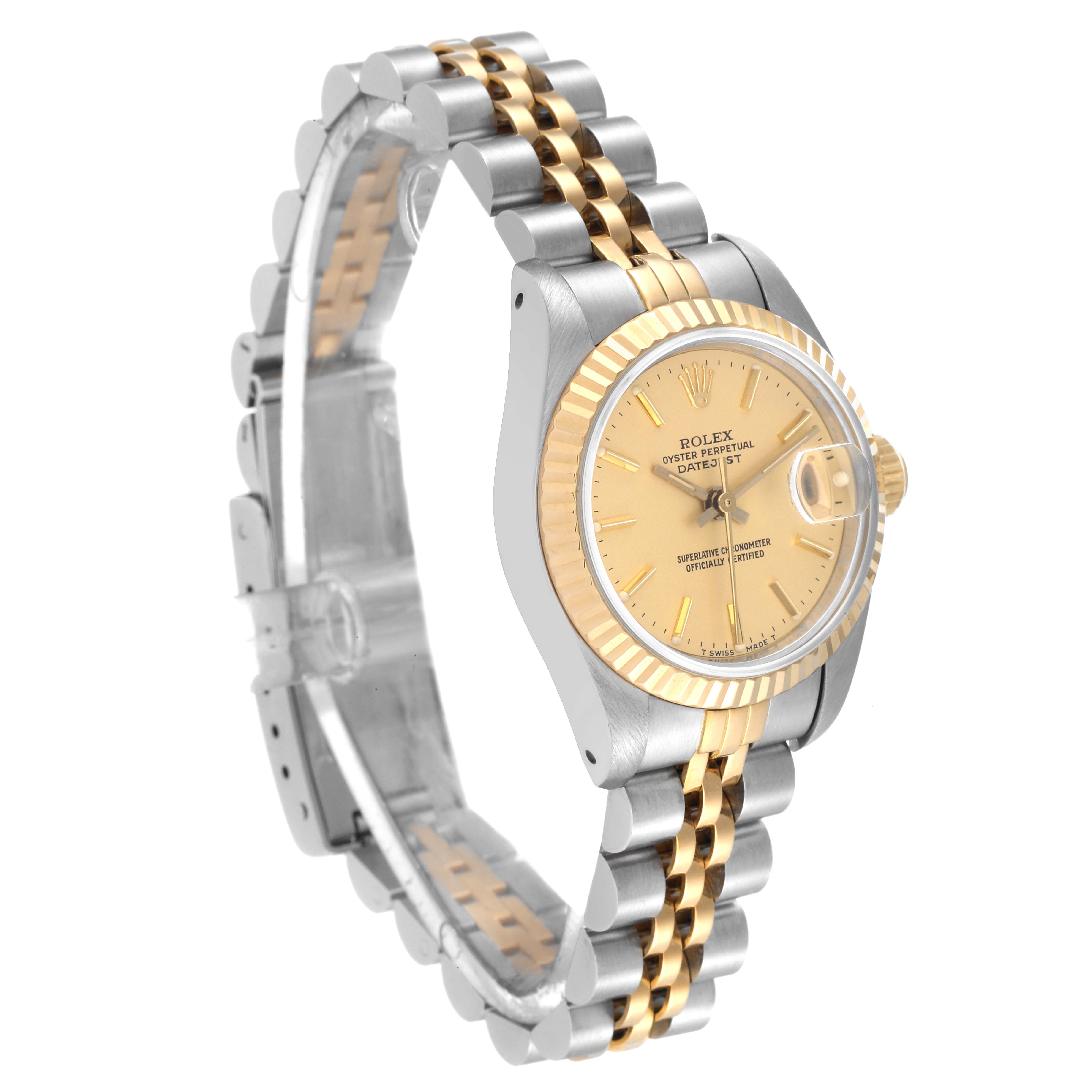 The image shows a Rolex Datejust 69173 Women's Steel and Gold (two tone) Champagne Dial 69173 Women's Steel and Gold (two tone) Champagne Dial watch at a slight angle, highlighting the gold and silver bracelet and gold dial.