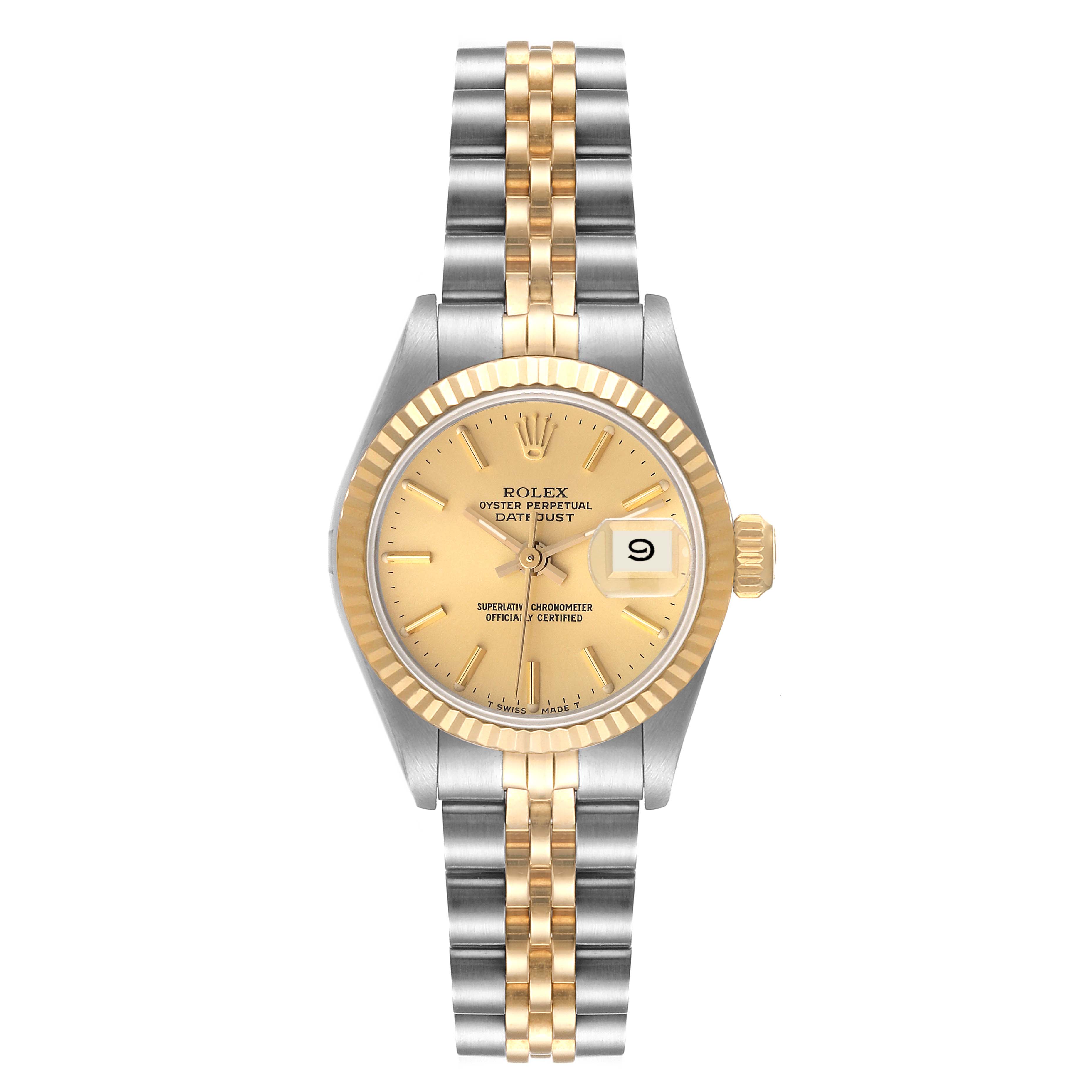 The Rolex Datejust 69173 Women's Steel and Gold (two tone) Champagne Dial 69173 Women's Steel and Gold (two tone) Champagne Dial watch is shown from a top-down view, displaying the case, dial, fluted bezel, and jubilee bracelet.