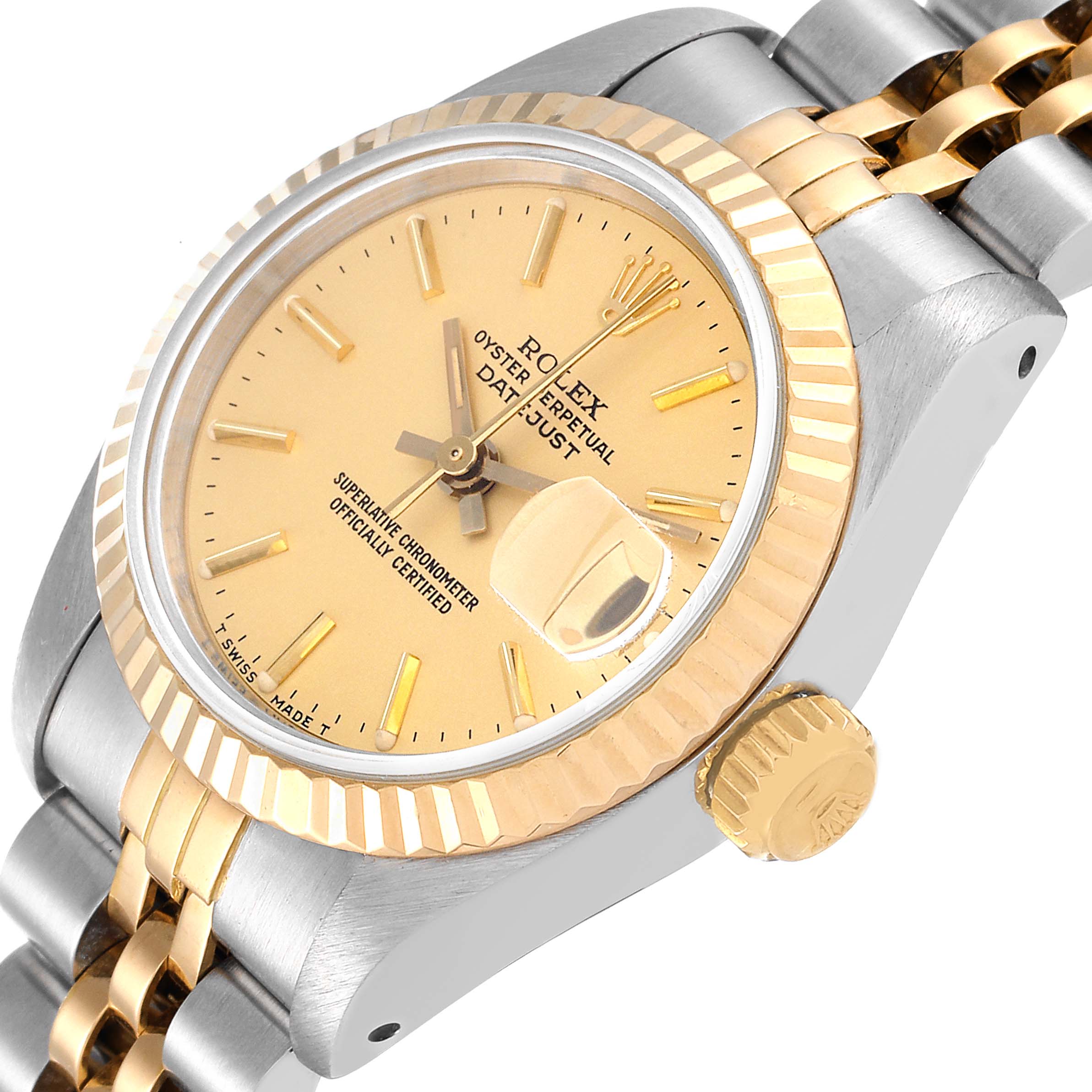 The image shows a side angle of a Rolex Datejust 69173 Women's Steel and Gold (two tone) Champagne Dial 69173 Women's Steel and Gold (two tone) Champagne Dial watch featuring the dial, fluted bezel, crown, and bracelet.