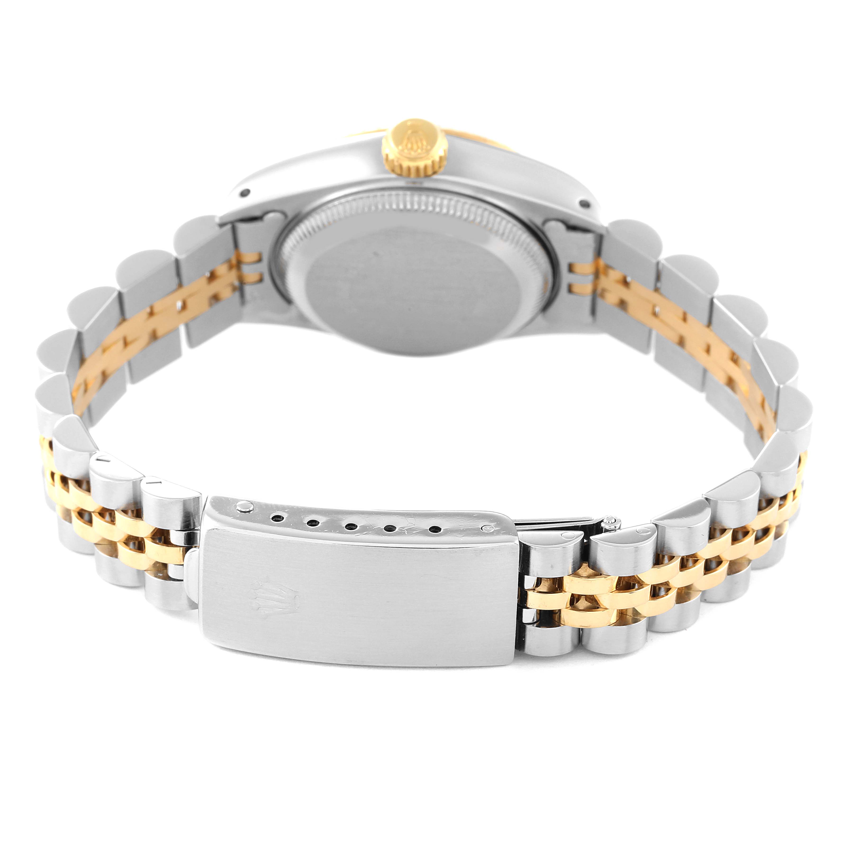 The image shows the back and clasp of a Rolex Datejust 69173 Women's Steel and Gold (two tone) Champagne Dial 69173 Women's Steel and Gold (two tone) Champagne Dial watch, highlighting its two-tone metal bracelet and case.