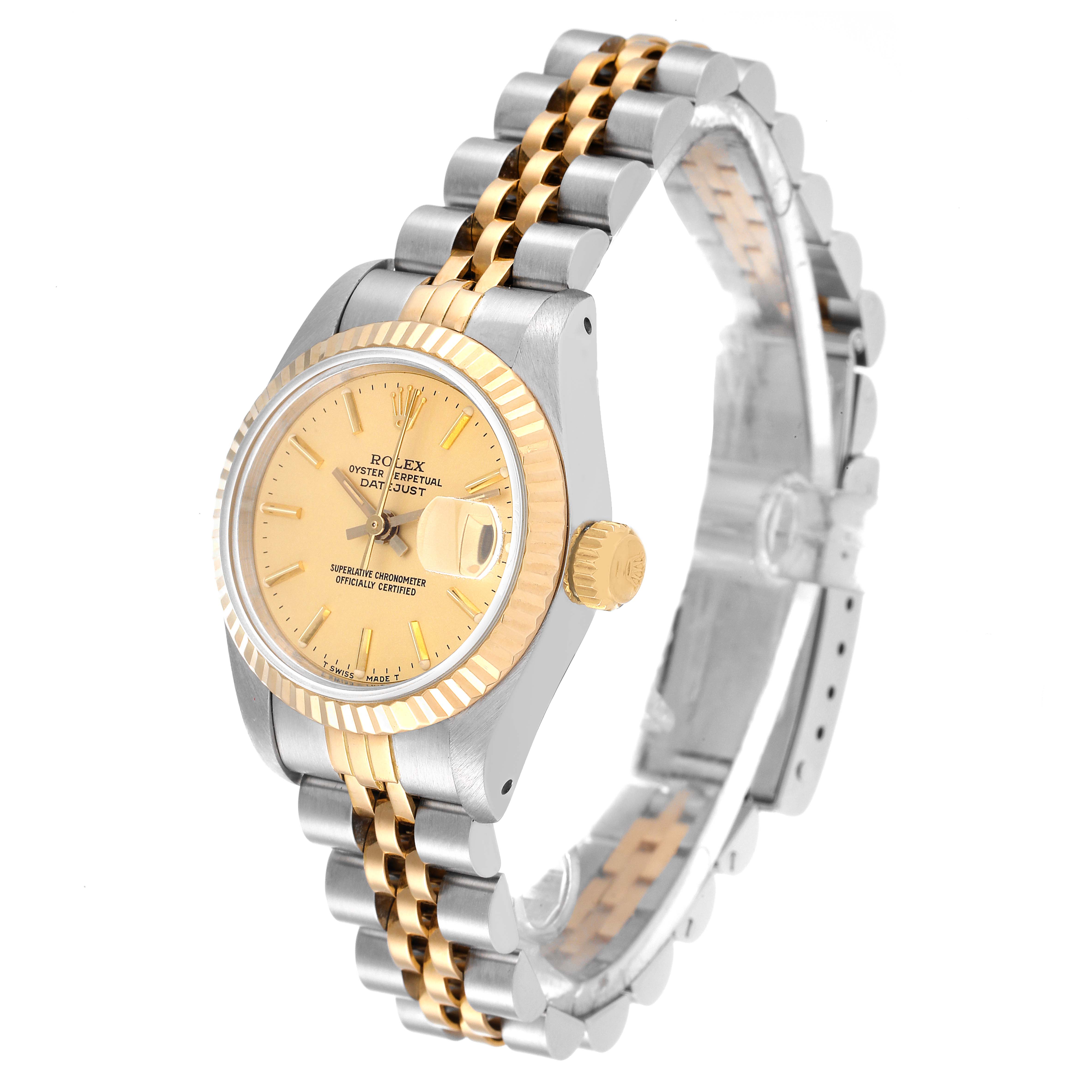 The image shows a Rolex Datejust 69173 Women's Steel and Gold (two tone) Champagne Dial 69173 Women's Steel and Gold (two tone) Champagne Dial watch at an angle highlighting the gold and silver bracelet, dial, and fluted bezel.