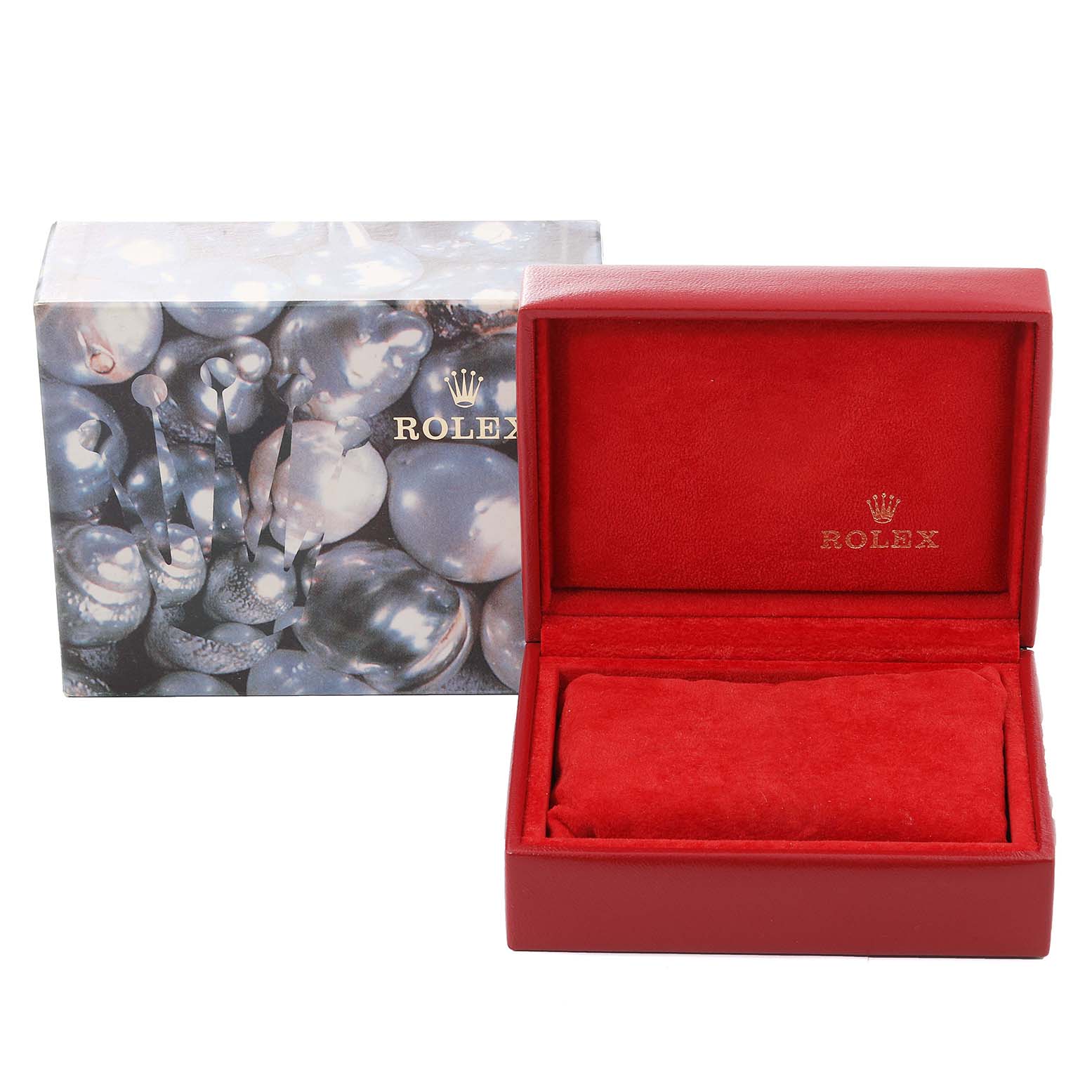 The image shows a Rolex Datejust 69173 Women's Steel and Gold (two tone) Champagne Dial 69173 Women's Steel and Gold (two tone) Champagne Dial watch box and outer packaging, with the box lid open to reveal a red interior.