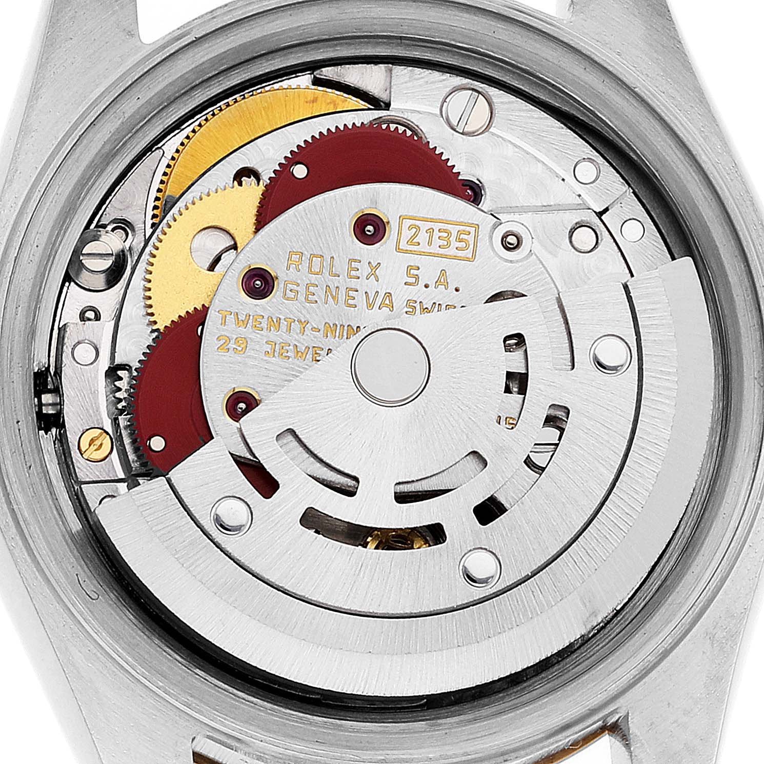 The image shows the internal movement mechanism of a Rolex Datejust 69173 Women's Steel and Gold (two tone) Champagne Dial 69173 Women's Steel and Gold (two tone) Champagne Dial watch from a close-up, rear angle.