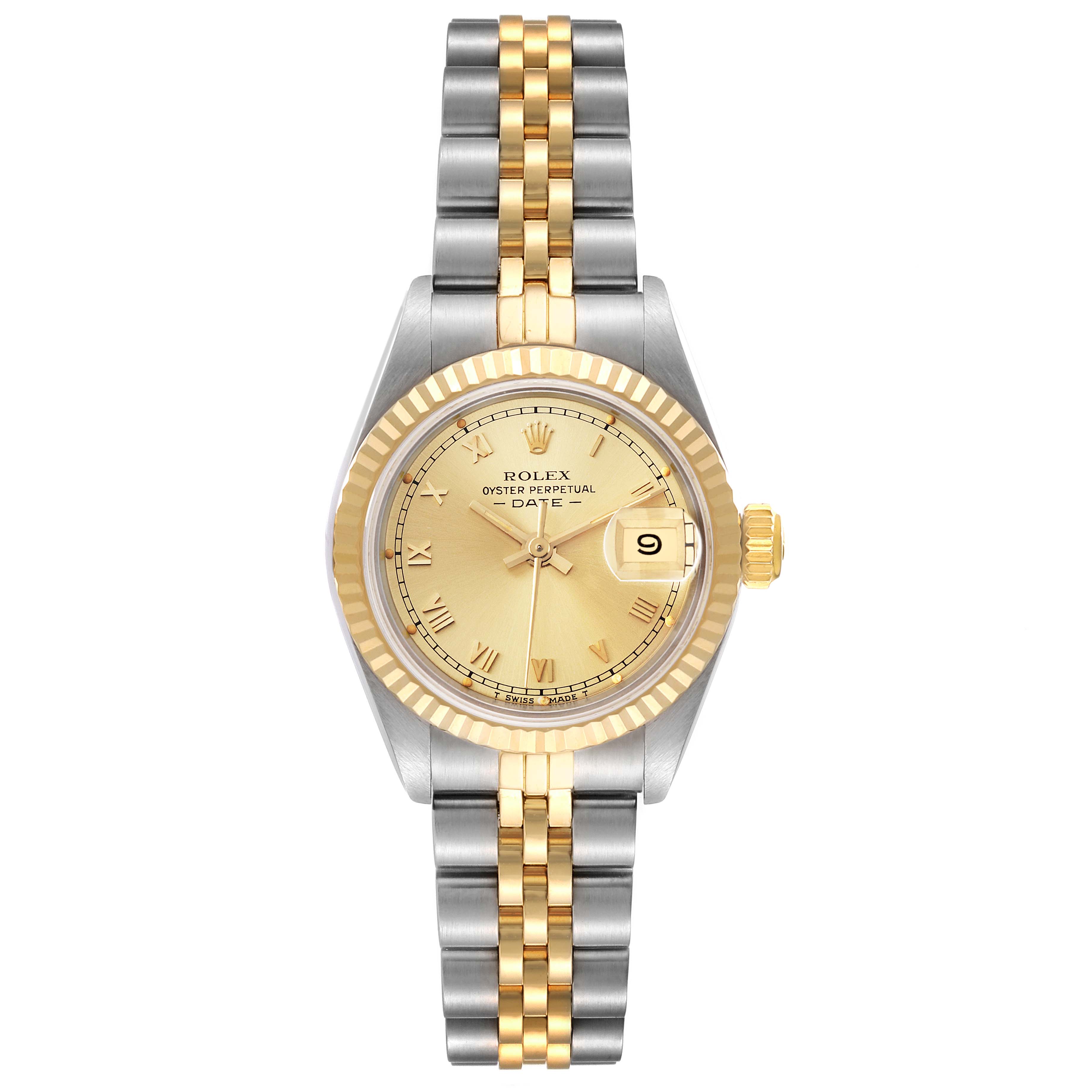 The image shows a Rolex Datejust 69173 Women's Steel and Gold (two tone) Champagne Dial 69173 Women's Steel and Gold (two tone) Champagne Dial watch from the front, highlighting its two-tone bracelet and date display.
