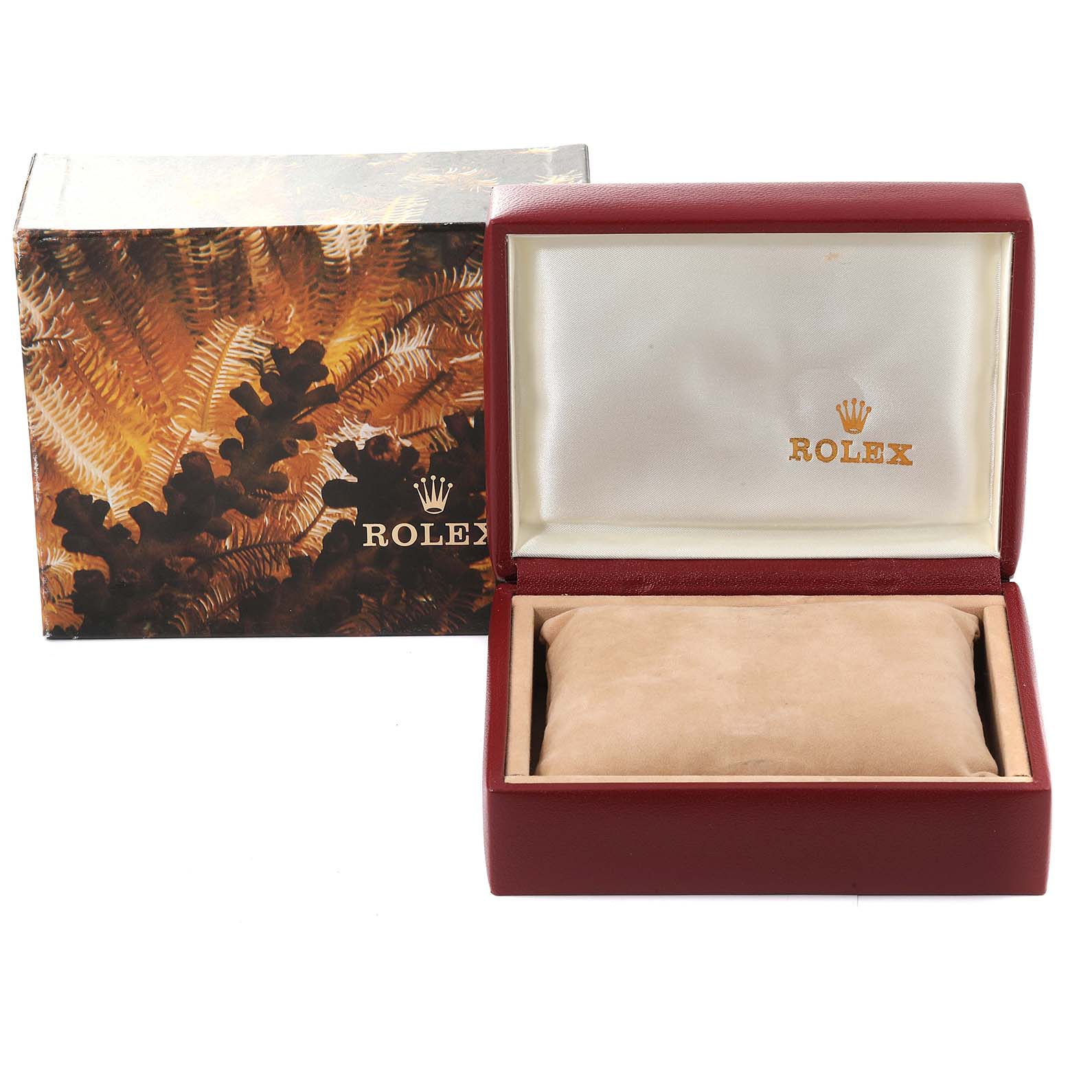 The image shows a Rolex Datejust 69173 Women's Steel and Gold (two tone) Champagne Dial 69173 Women's Steel and Gold (two tone) Champagne Dial watch box and packaging with a decorative outer box and an open inner case.