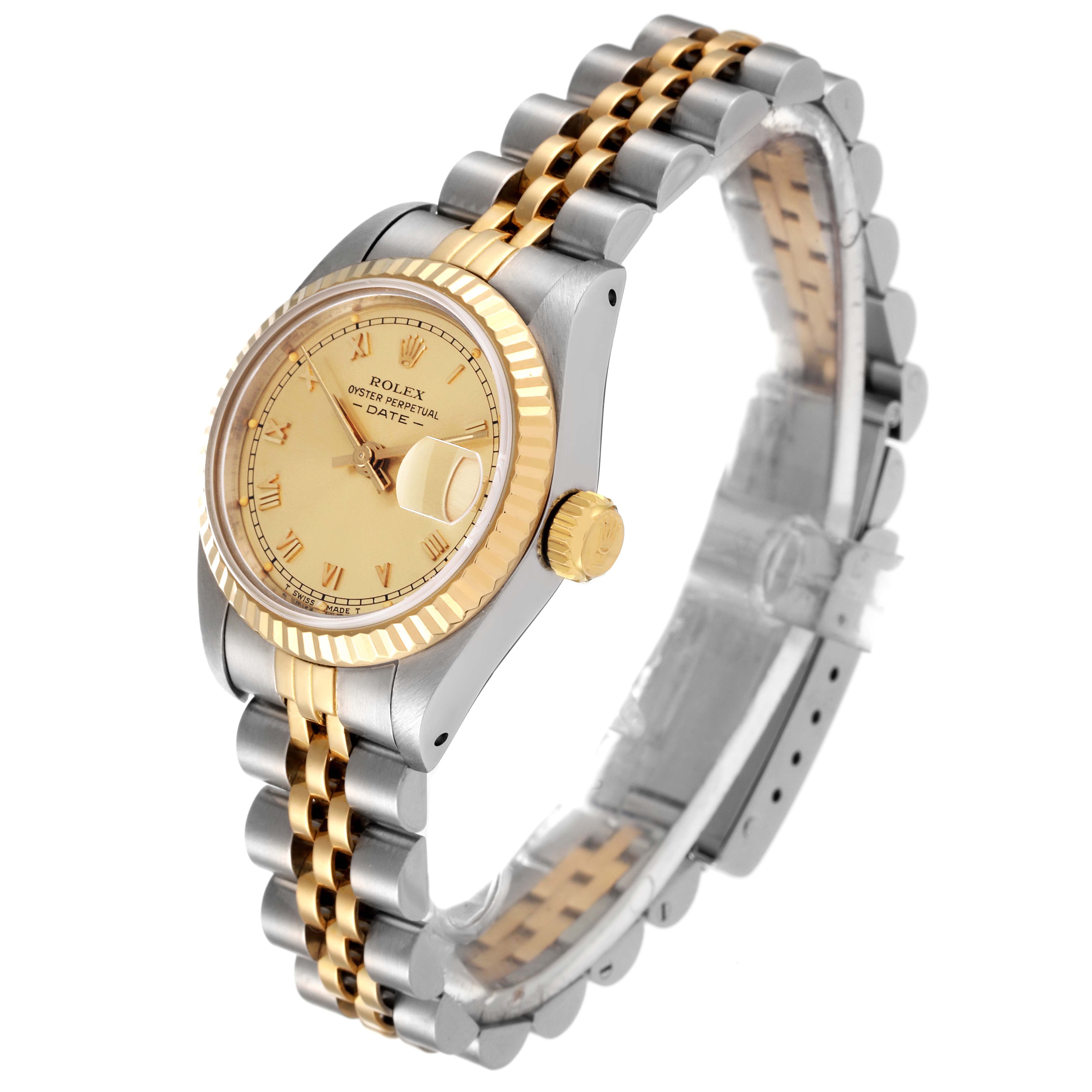 The Rolex Datejust 69173 Women's Steel and Gold (two tone) Champagne Dial 69173 Women's Steel and Gold (two tone) Champagne Dial model watch is shown at a slight angle, displaying its face, bezel, crown, and two-tone bracelet.