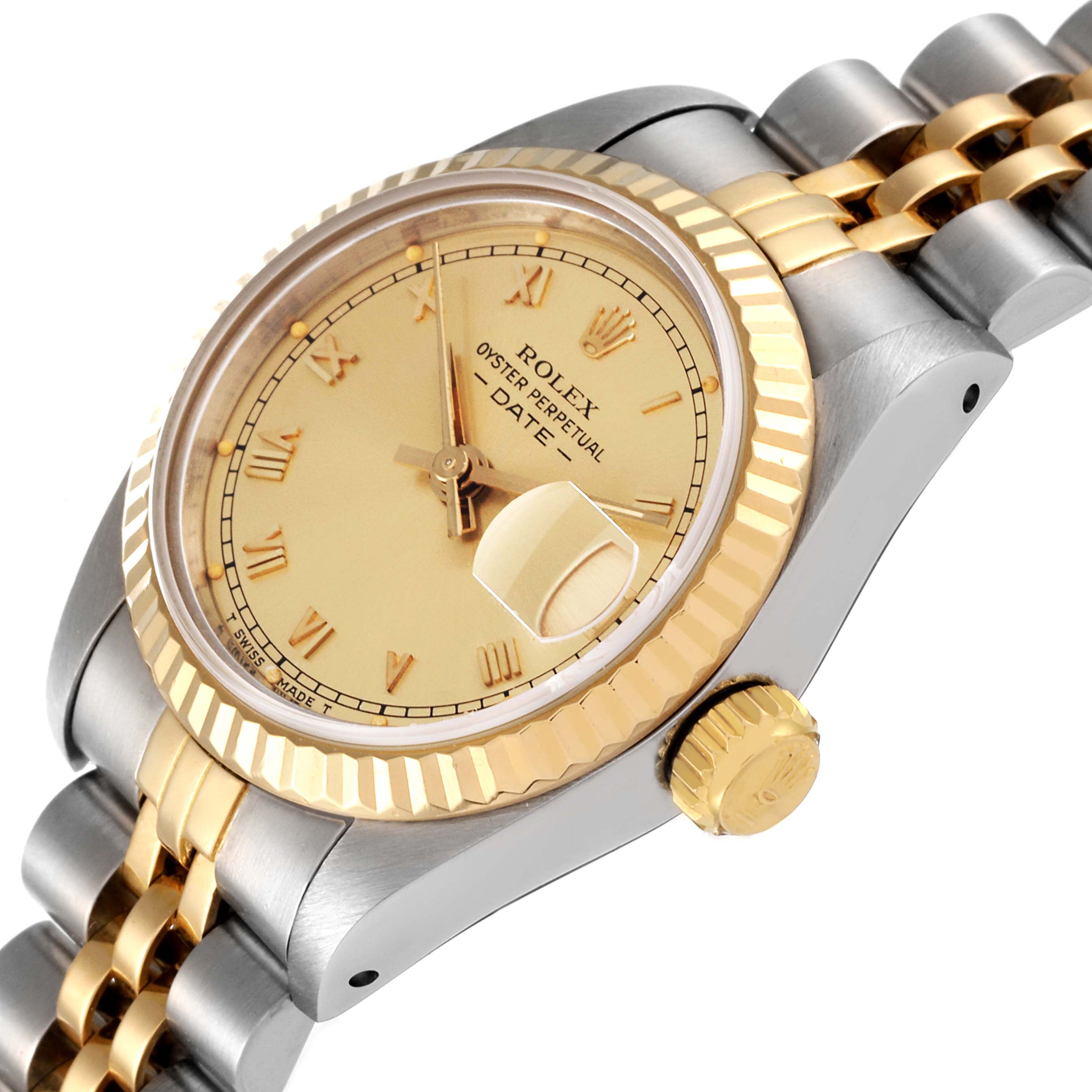 This image shows a Rolex Datejust 69173 Women's Steel and Gold (two tone) Champagne Dial 69173 Women's Steel and Gold (two tone) Champagne Dial watch from an angled side view, highlighting the gold dial, fluted bezel, crown, and Jubilee bracelet.