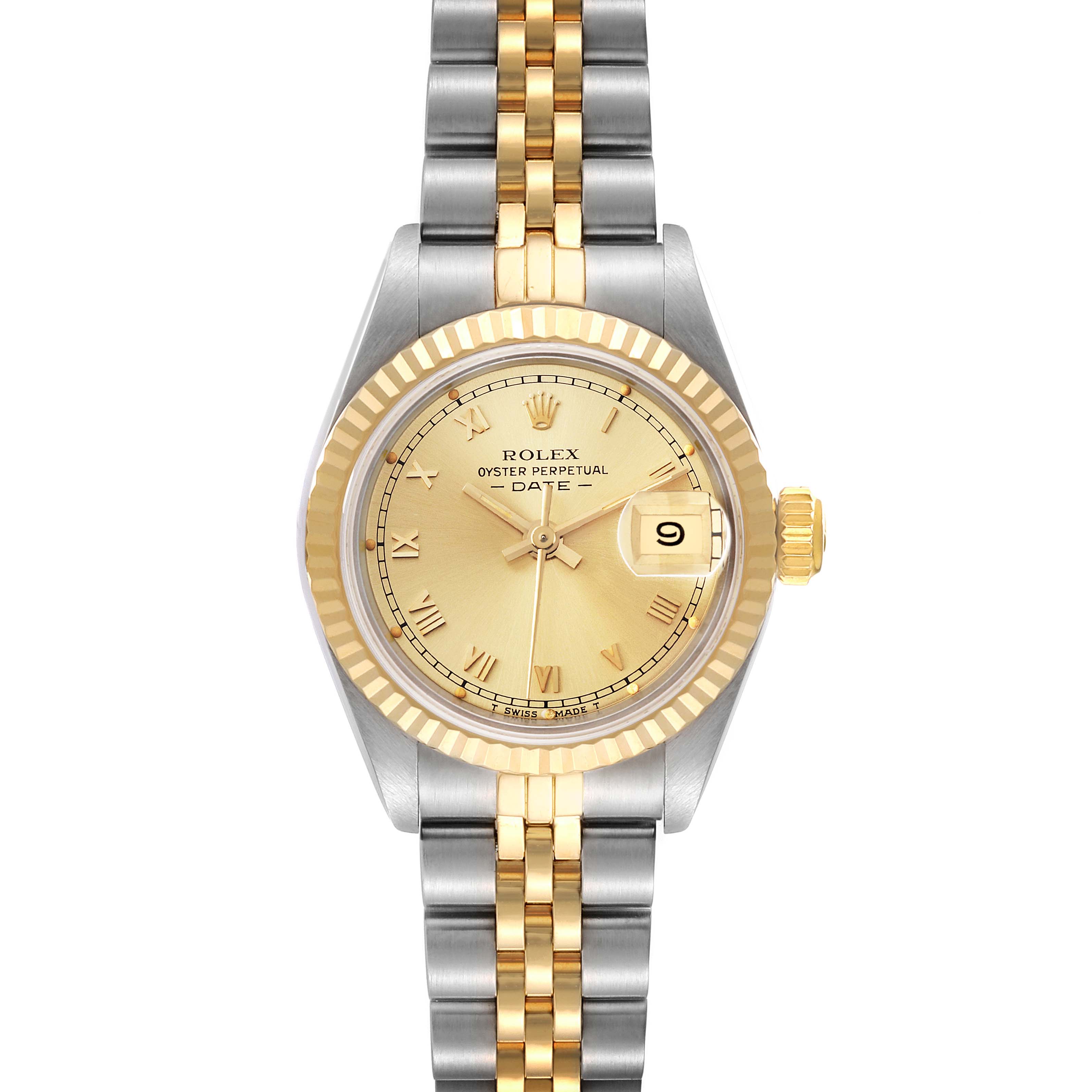 The Rolex Datejust 69173 Women's Steel and Gold (two tone) Champagne Dial 69173 Women's Steel and Gold (two tone) Champagne Dial model watch is shown from the front, displaying its gold dial, fluted bezel, and two-tone bracelet.