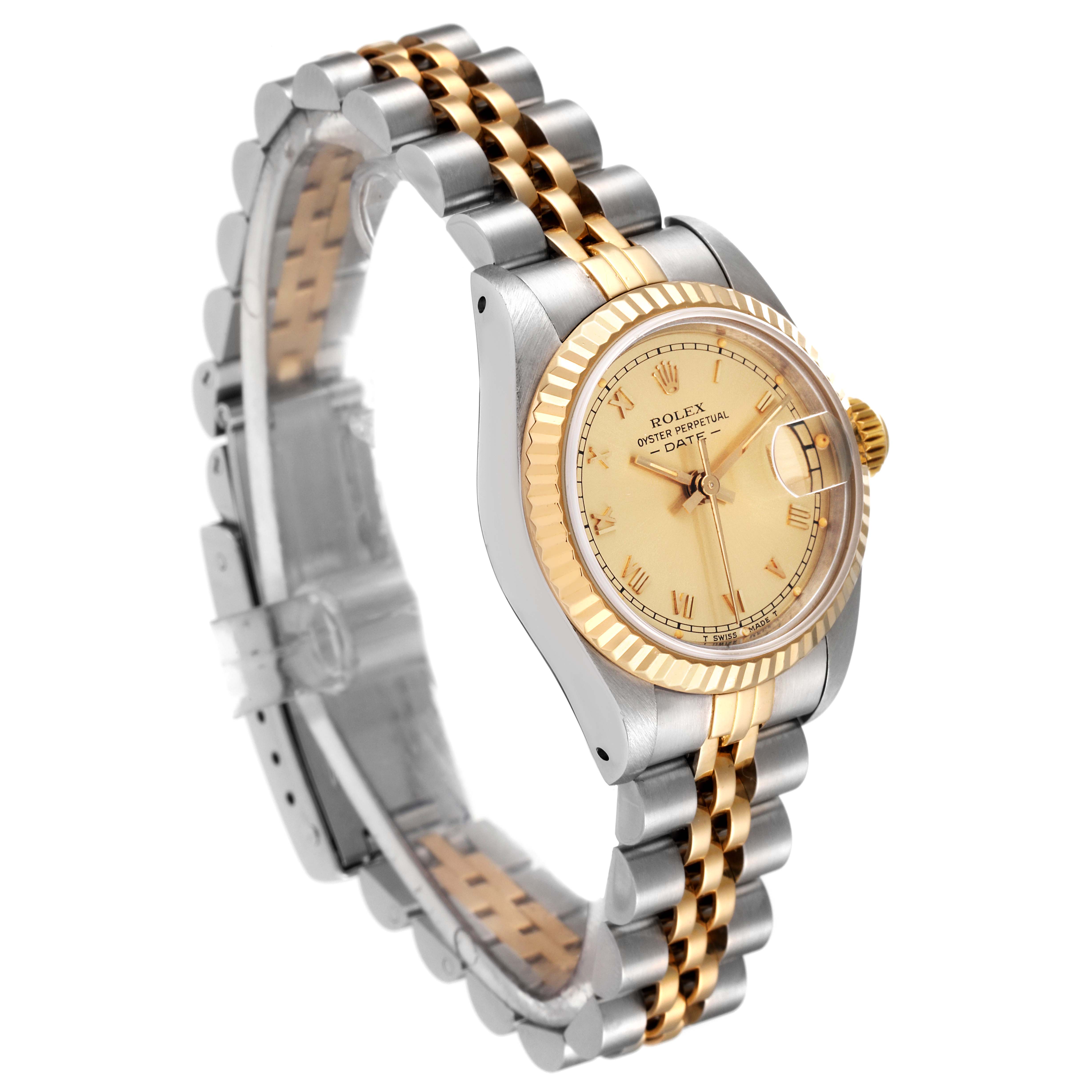 The image shows a side and angled view of a Rolex Datejust 69173 Women's Steel and Gold (two tone) Champagne Dial 69173 Women's Steel and Gold (two tone) Champagne Dial wristwatch, highlighting its two-tone bracelet, bezel, and dial.