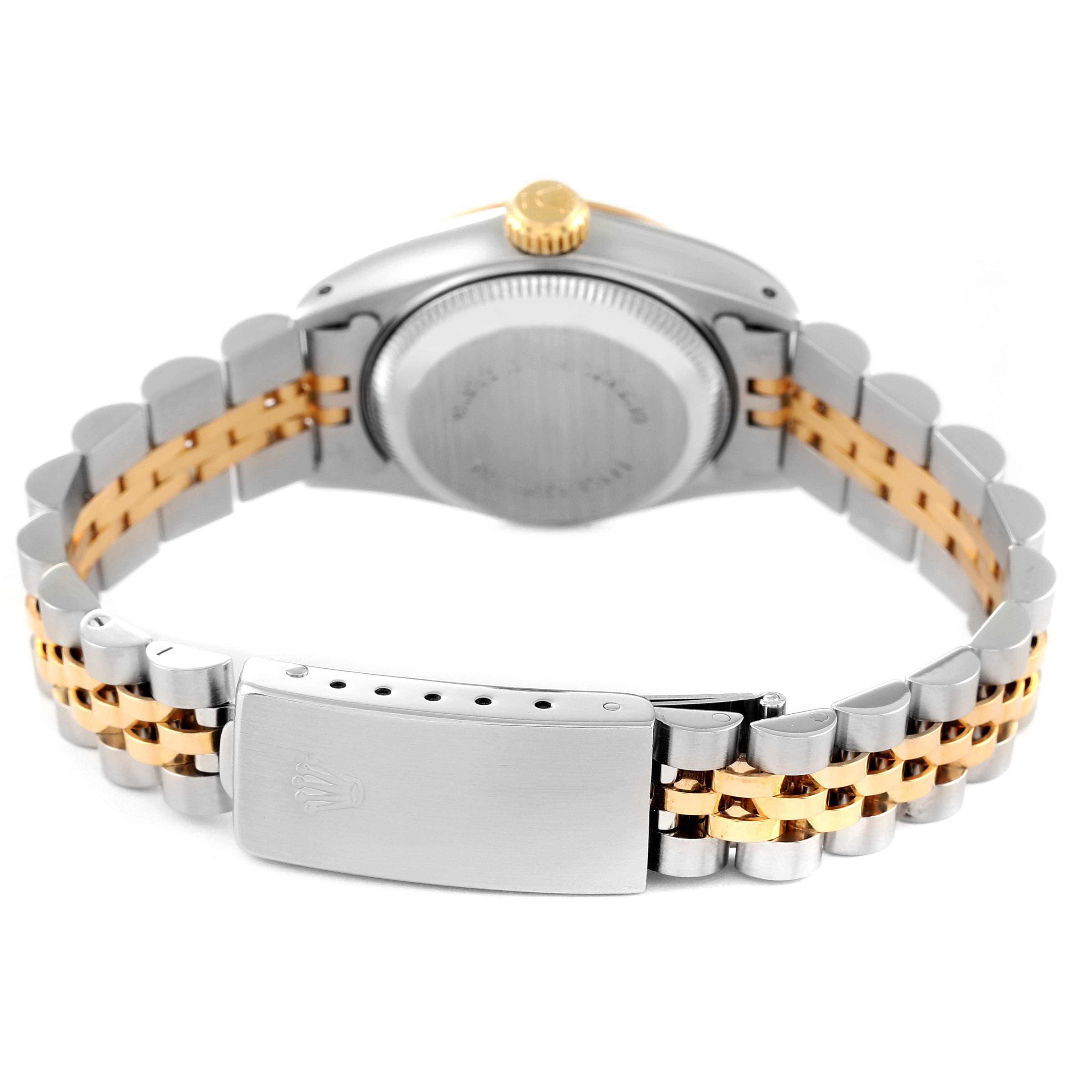 The image shows the backside and clasp of a Rolex Datejust 69173 Women's Steel and Gold (two tone) Champagne Dial 69173 Women's Steel and Gold (two tone) Champagne Dial watch, emphasizing its bracelet and case back.