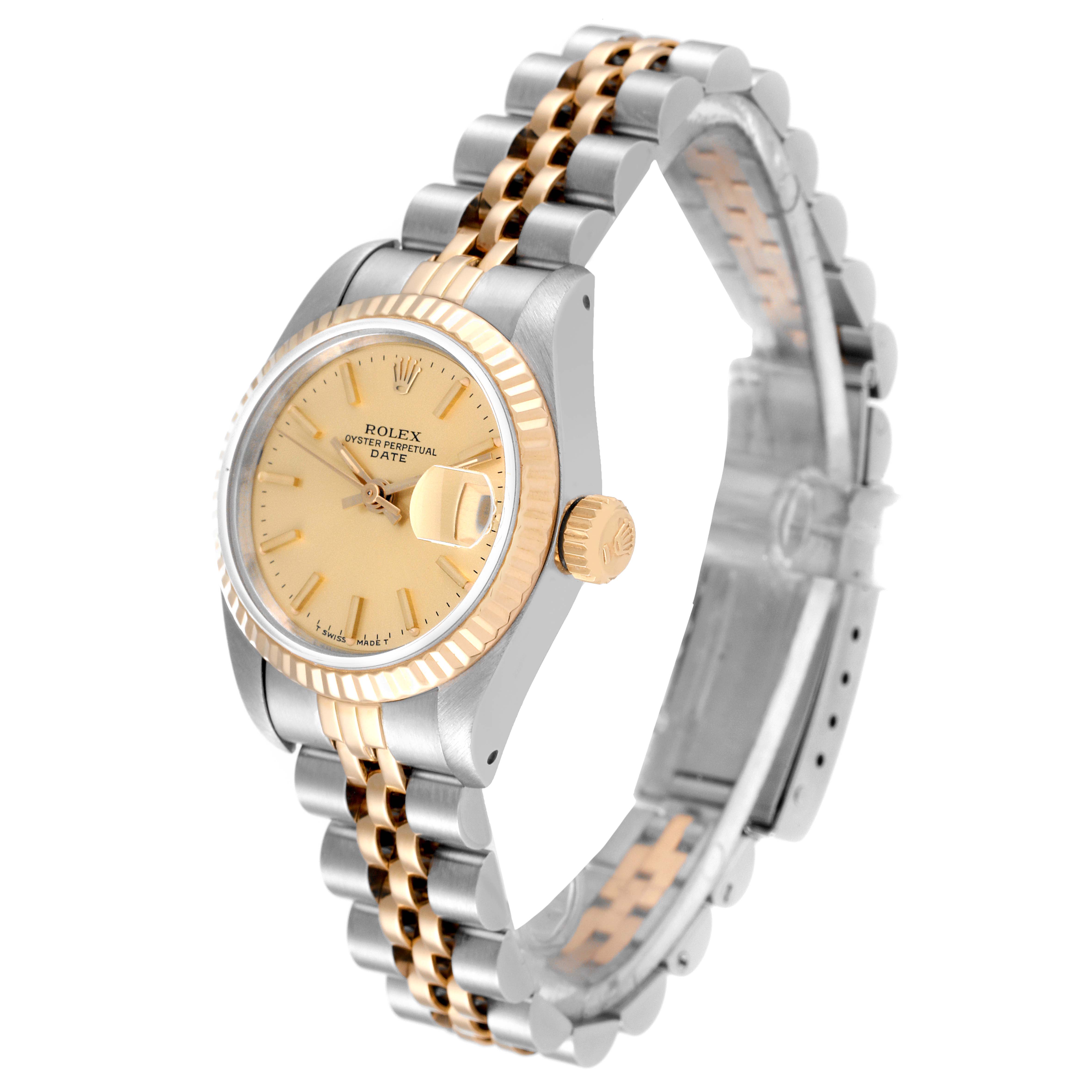The Rolex Datejust 69173 Women's Steel and Gold (two tone) Champagne Dial 69173 Women's Steel and Gold (two tone) Champagne Dial watch is shown at an angle displaying the face, bezel, crown, and part of the bracelet.