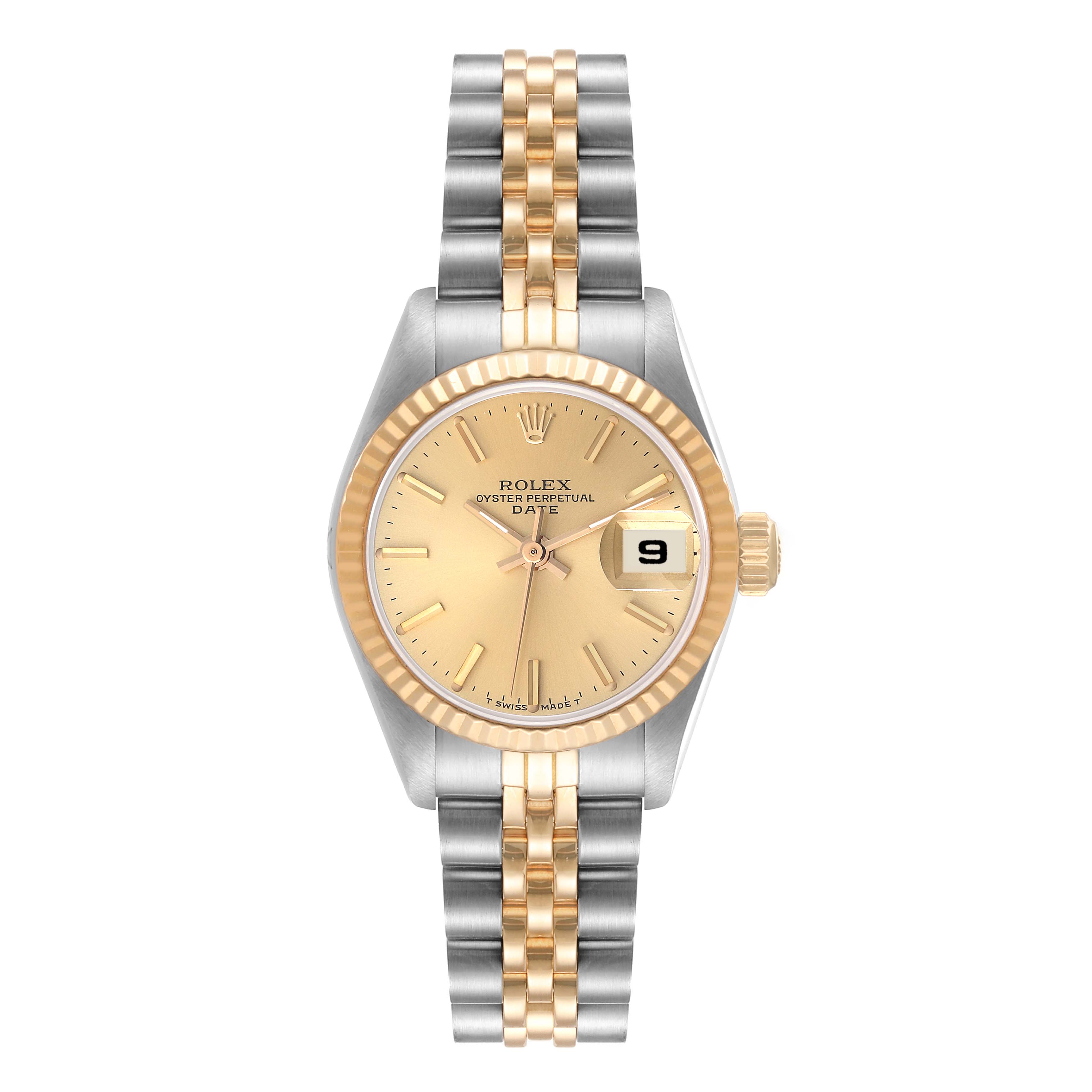 This image shows a front view of a Rolex Datejust 69173 Women's Steel and Gold (two tone) Champagne Dial 69173 Women's Steel and Gold (two tone) Champagne Dial watch with a two-tone bracelet and a gold dial.