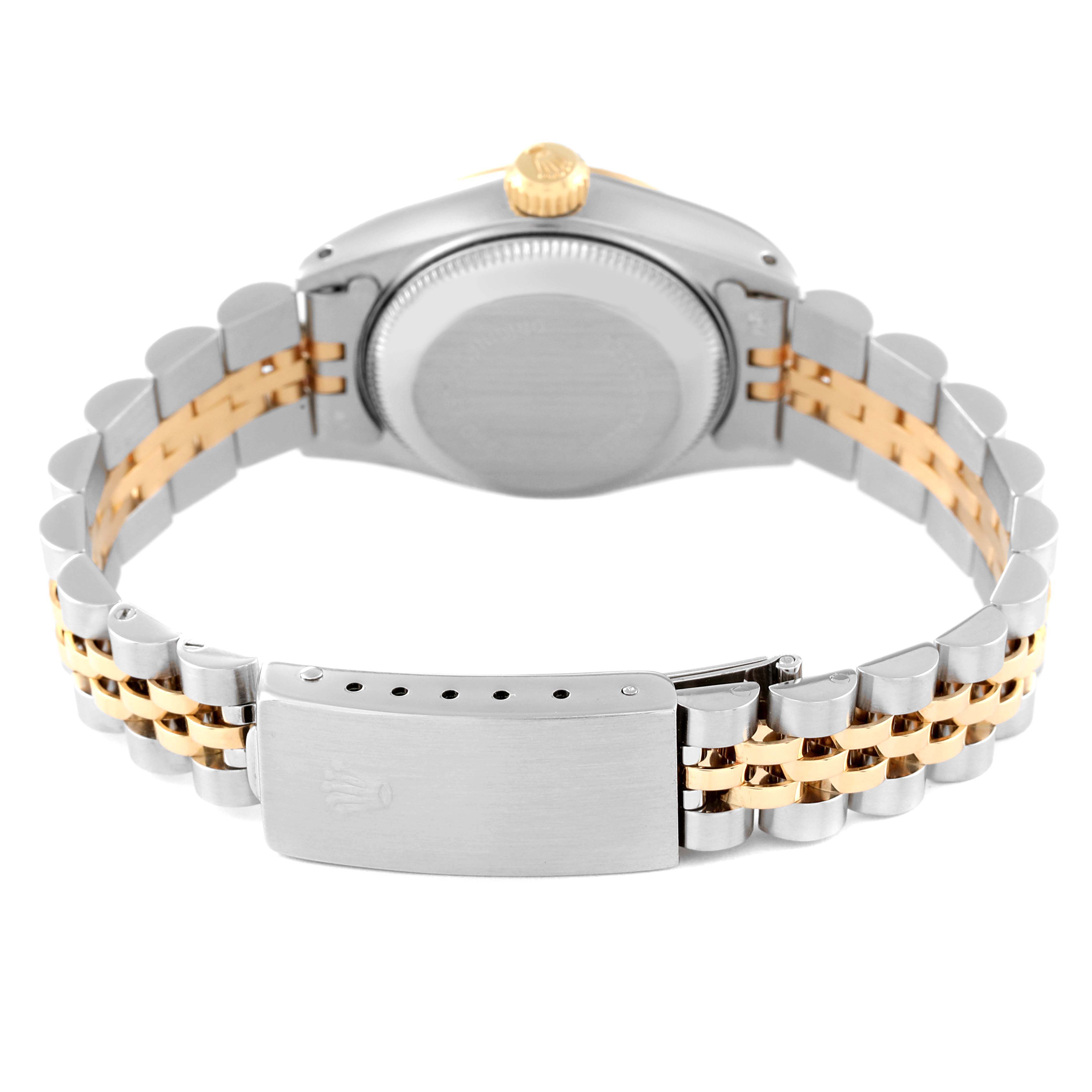 This image shows the back of the Rolex Datejust 69173 Women's Steel and Gold (two tone) Champagne Dial 69173 Women's Steel and Gold (two tone) Champagne Dial watch, highlighting the case back, crown, and two-tone Jubilee bracelet.