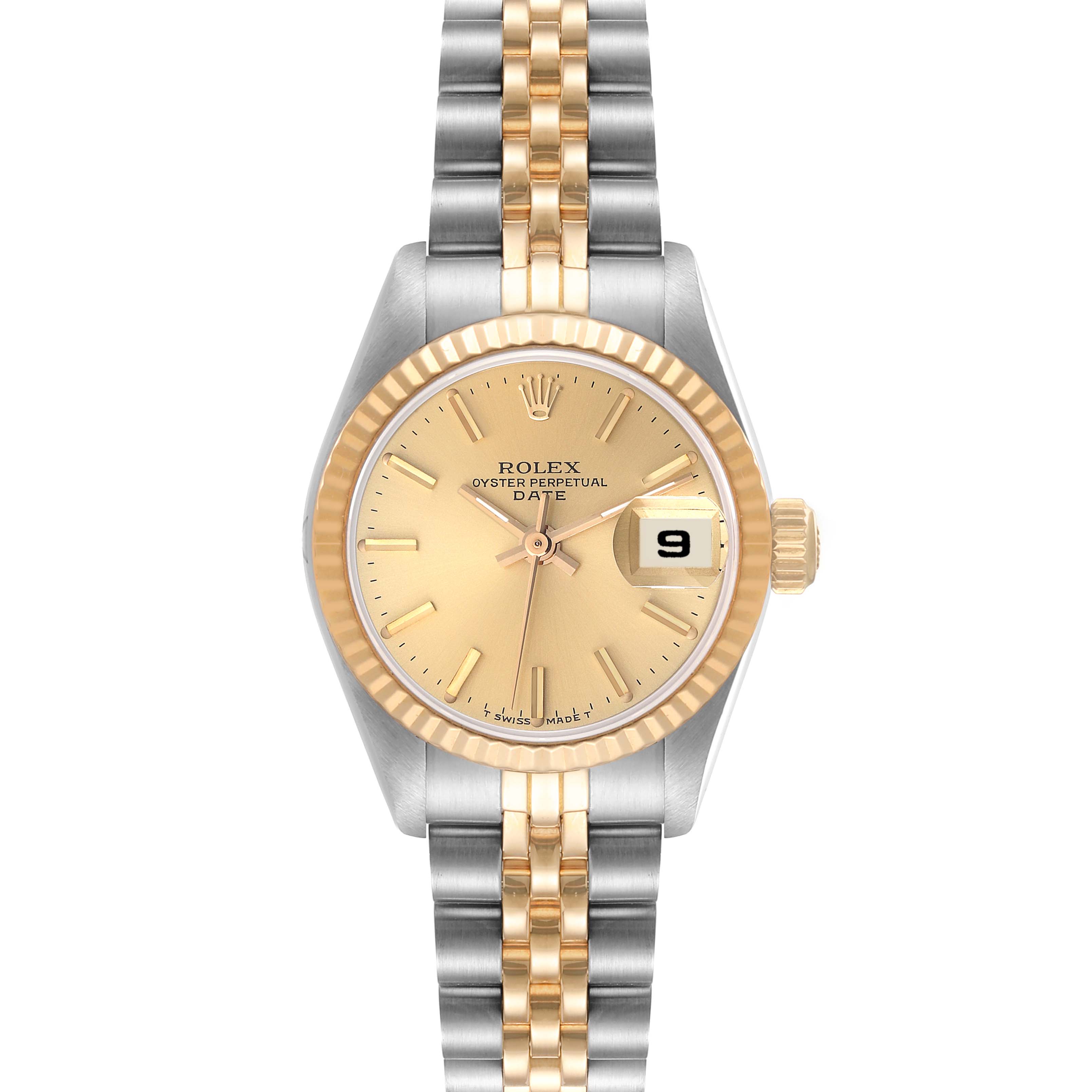 The Rolex Datejust 69173 Women's Steel and Gold (two tone) Champagne Dial 69173 Women's Steel and Gold (two tone) Champagne Dial watch is shown from a top-down angle, displaying its face, bezel, and two-tone bracelet.