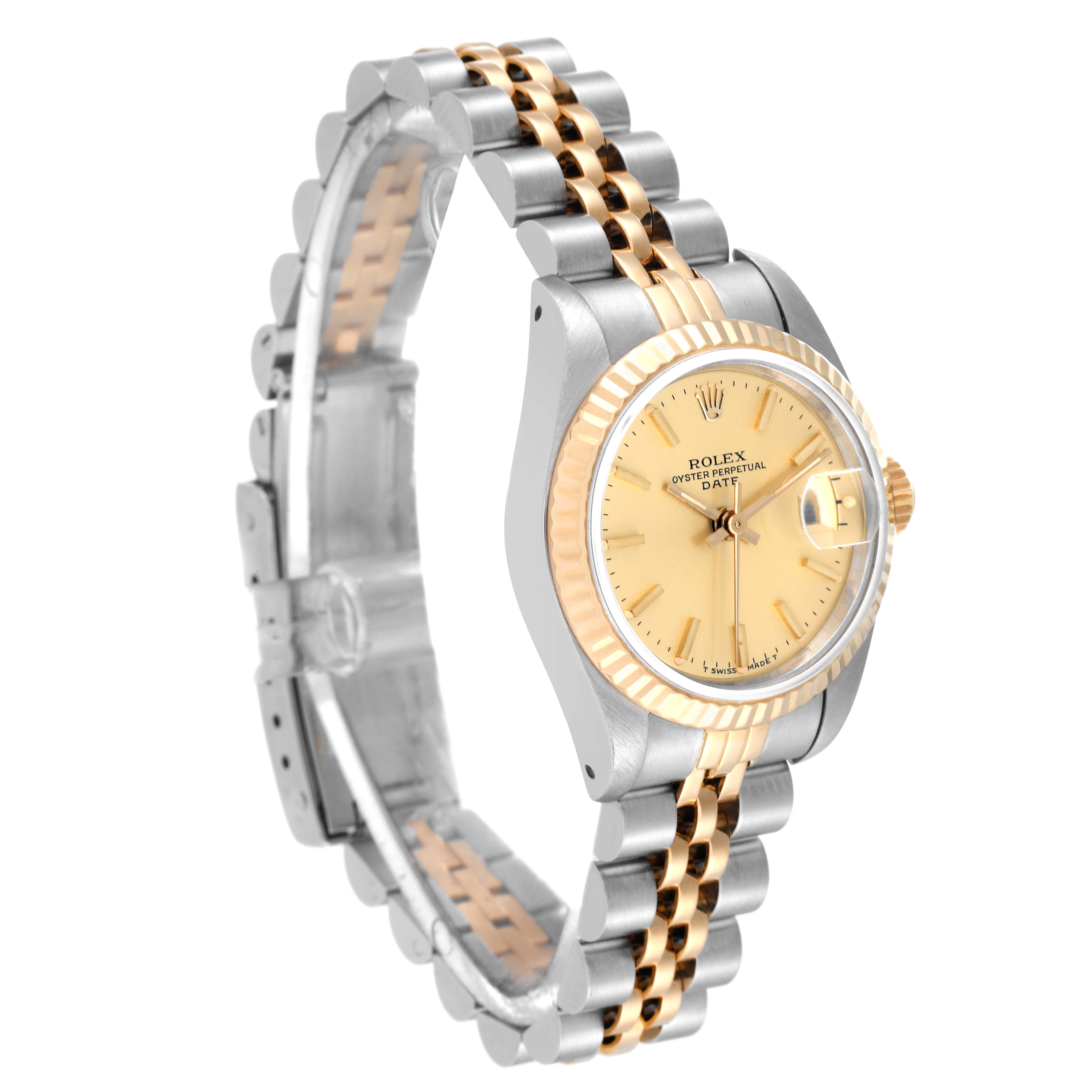 This image shows a slightly angled side view of the Rolex Datejust 69173 Women's Steel and Gold (two tone) Champagne Dial 69173 Women's Steel and Gold (two tone) Champagne Dial watch, highlighting its two-tone bracelet and face.