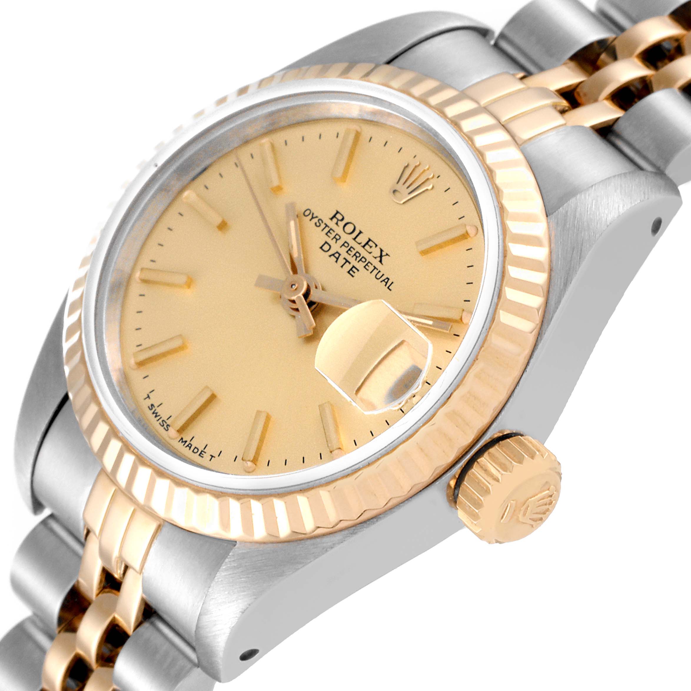 The image shows a close-up, oblique angle of a Rolex Datejust 69173 Women's Steel and Gold (two tone) Champagne Dial 69173 Women's Steel and Gold (two tone) Champagne Dial watch, highlighting the dial, bezel, crown, and part of the bracelet.
