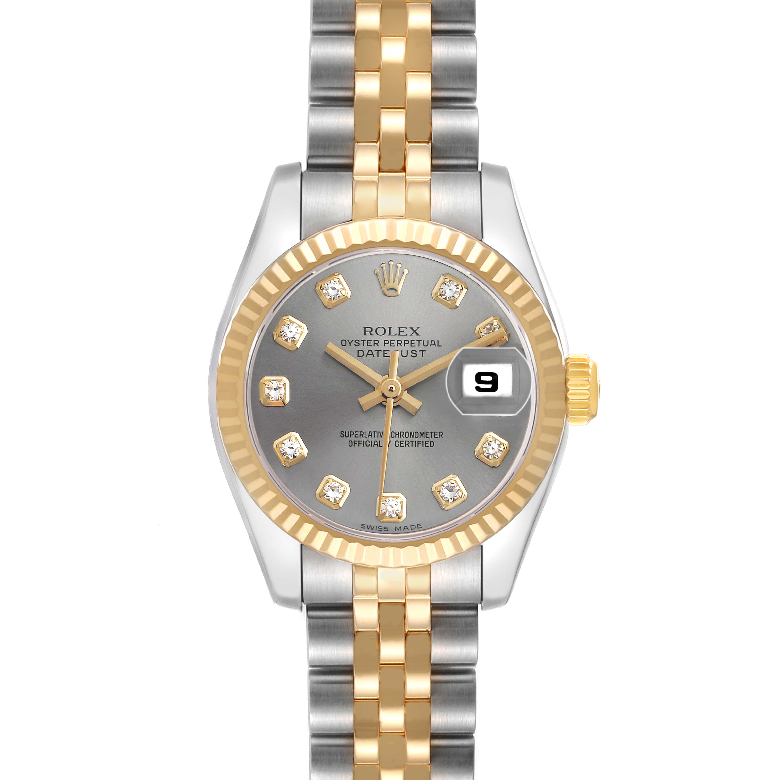 The Rolex Datejust 179173 Women's Steel and Gold (two tone) Grey Dial watch is shown from a top view, highlighting its dial, bezel, crown, and bracelet.