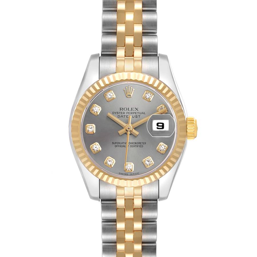 The Rolex Datejust 179173 Women's Steel and Gold (two tone) Grey Dial watch is shown from a top view, highlighting its dial, bezel, crown, and bracelet.