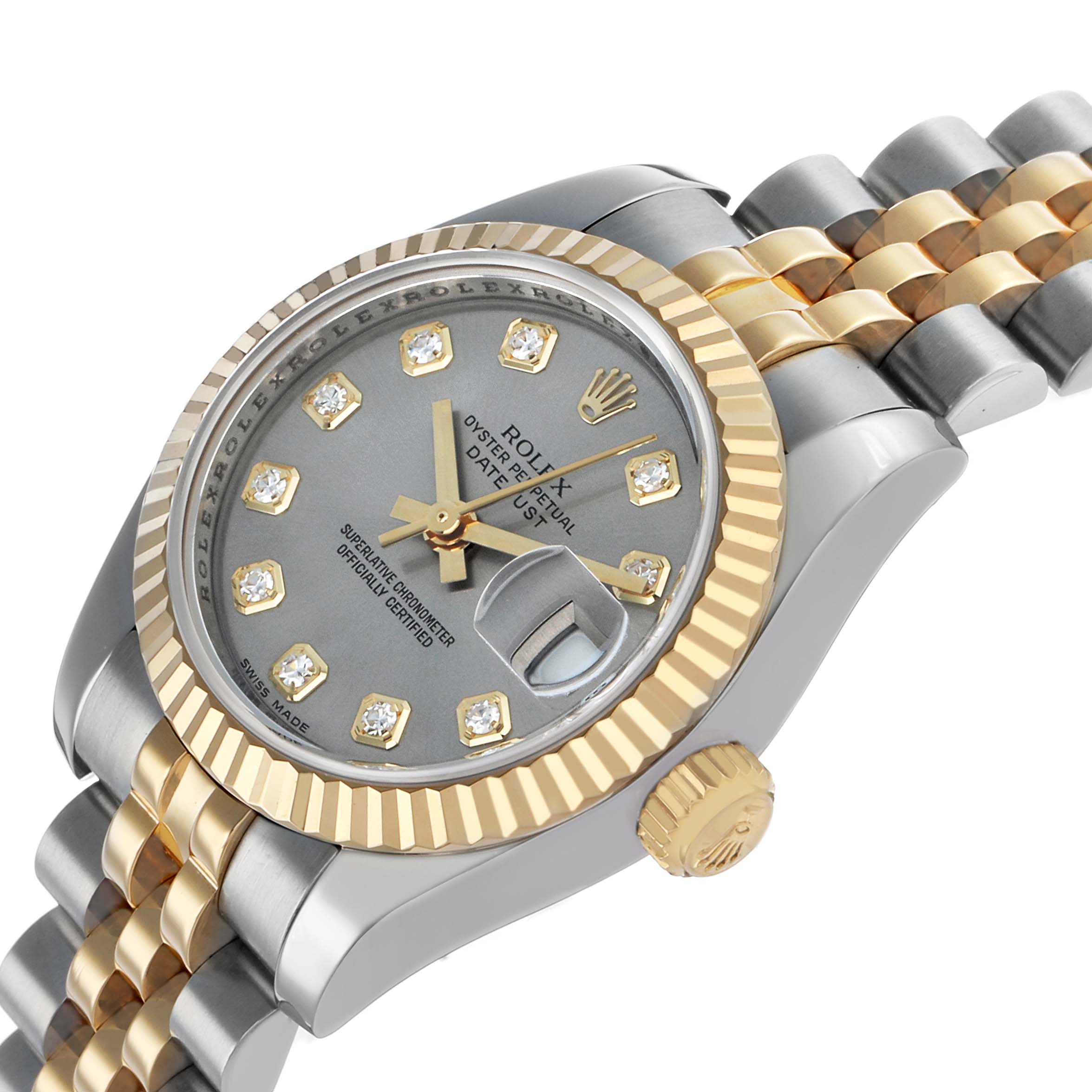 The Rolex Datejust 179173 Women's Steel and Gold (two tone) Grey Dial watch is shown at an angled view highlighting the bezel, dial, case, crown, and part of the bracelet.