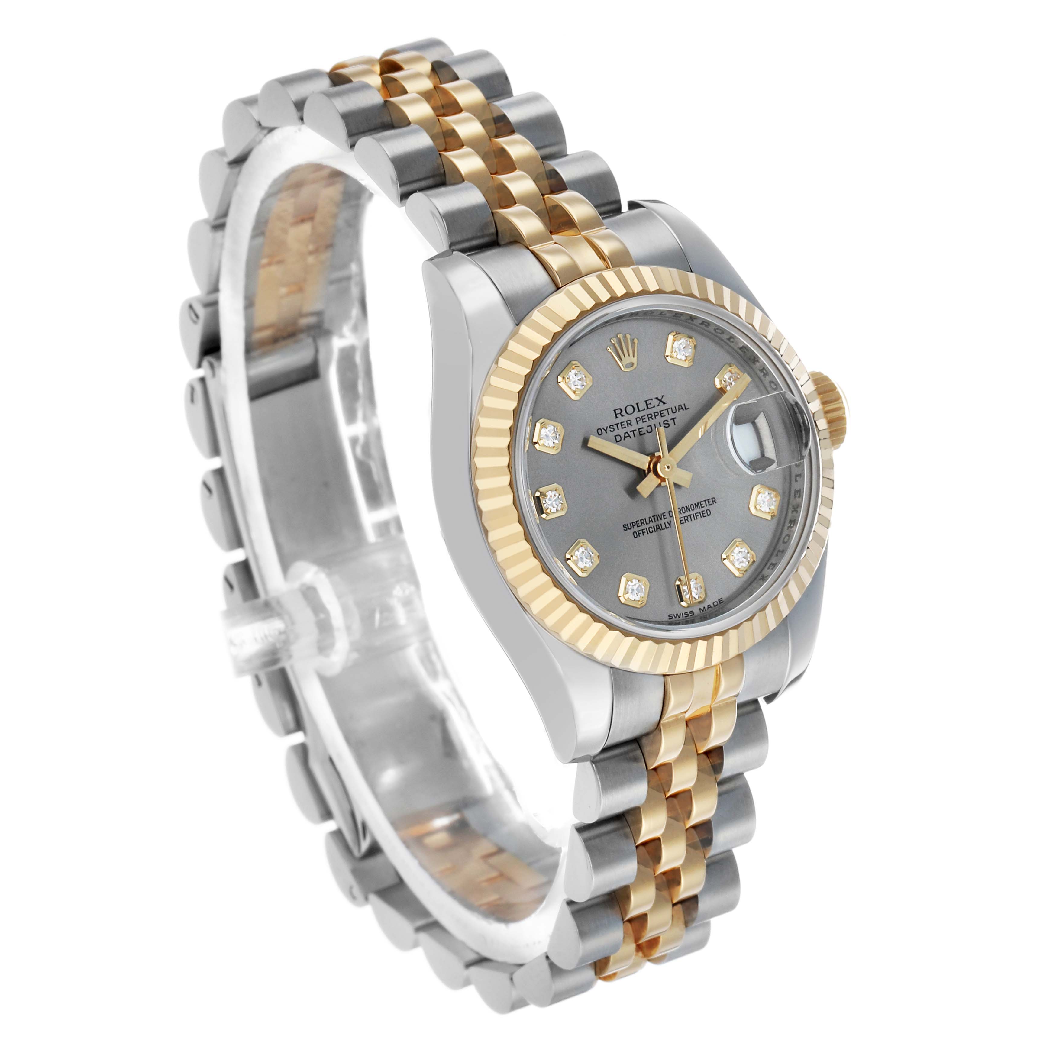 The Rolex Datejust 179173 Women's Steel and Gold (two tone) Grey Dial is shown at a three-quarter angle, displaying the bracelet, bezel, dial, crown, and case.