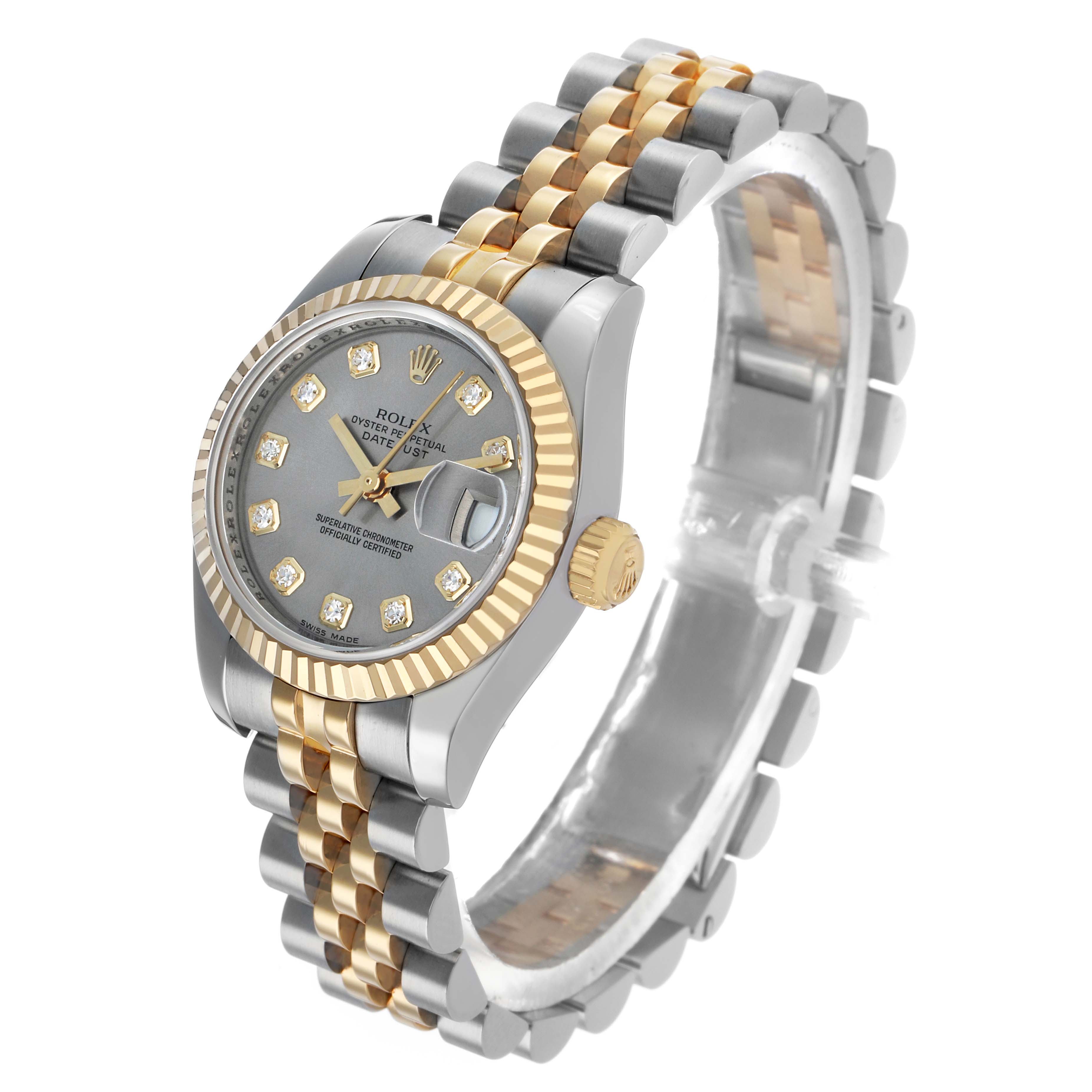 The Rolex Datejust 179173 Women's Steel and Gold (two tone) Grey Dial watch is shown at a slight angle, highlighting the face, crown, and bracelet with its two-tone design.