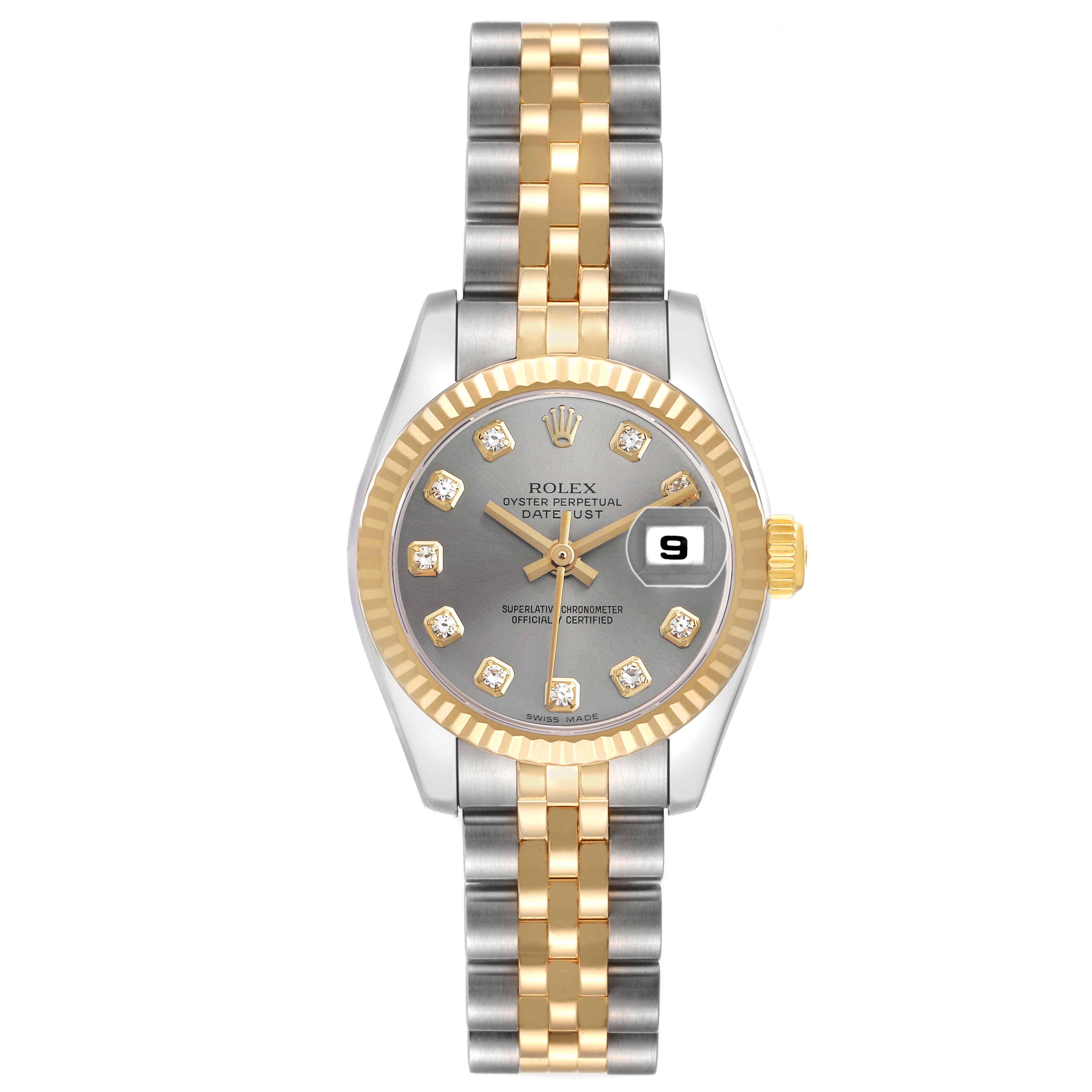 The Rolex Datejust 179173 Women's Steel and Gold (two tone) Grey Dial watch is shown from a front angle, displaying the dial, bezel, crown, and bracelet.