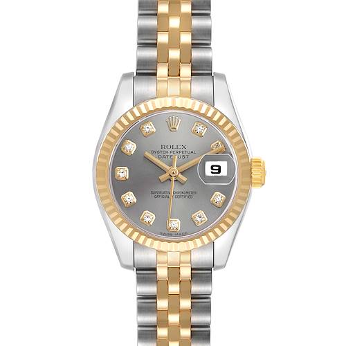 The Rolex Datejust 179173 Women's Steel and Gold (two tone) Grey Dial watch is shown from the front, displaying the dial, bezel, and bracelet.